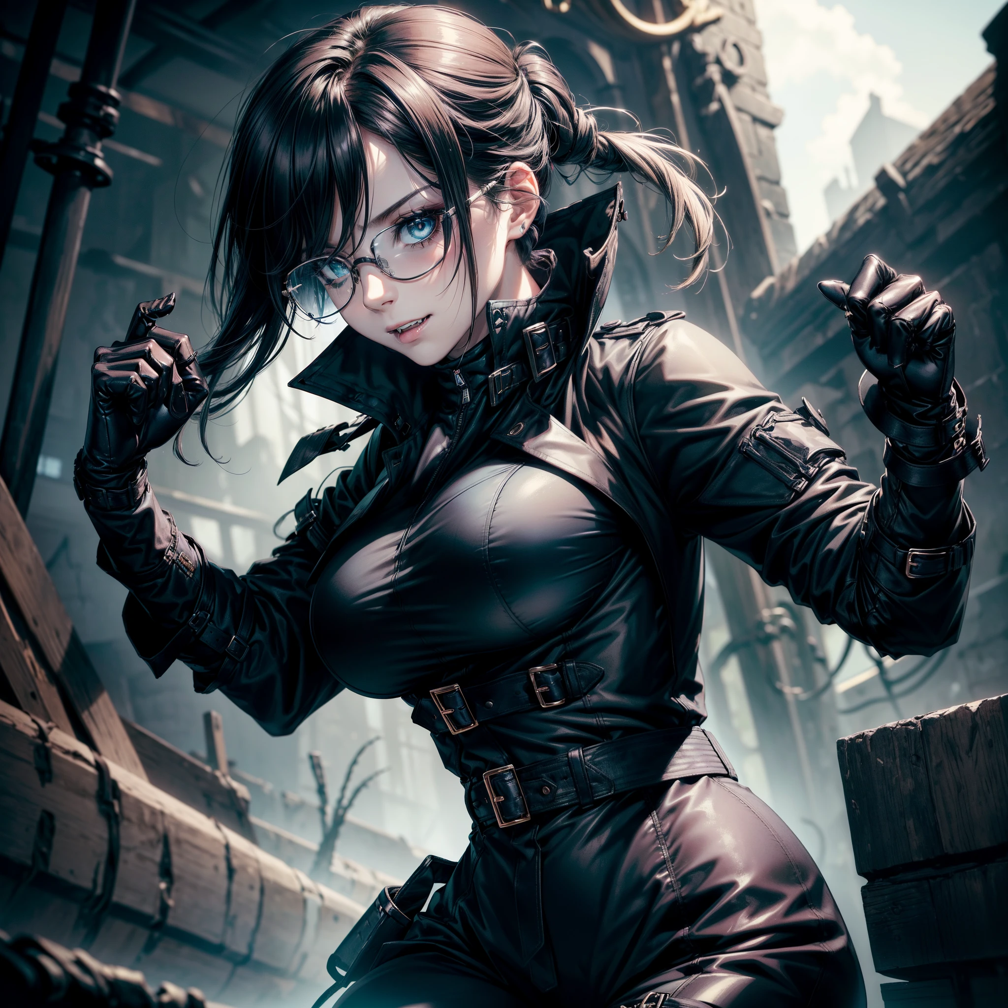 (High resolution, best quality, masterpiece) detail, intricate detail, 1female, ((solo)), physically fit, curvy, ((slender_body)), pale skin, fierce expression, dark eyes, (detailed eyes), sharpened fangs, black hair, medium length hair, full body, medium breast, beautiful, cute, dark aura surrounding her, shirt:black, (topwear:((trench_coat:black), handwear:((gauntlets), bottomswear:(pants:blue))))), blood dripping, glasses on the top of her head, dark tinted glasses, grinning, hand at her side, cocky expression,