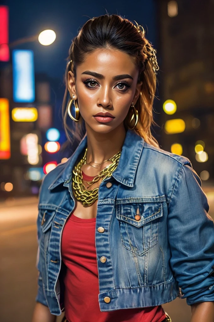 (realistic), (photorealistic), ((masterpiece)), ((best quality)), (detailed), cinematic, natural lighting, soft shadow, detailed background, photography, depth of field, intricate, detailed face, subsurface scattering, realistic eyes, muscular, manly, photo of a beautiful woman. She wearing a crop denim jacket, a short denim, a hoops earing, a gold cuban chain necklace,and a red tanktop, Dynamics pose at cyberpunk city at night