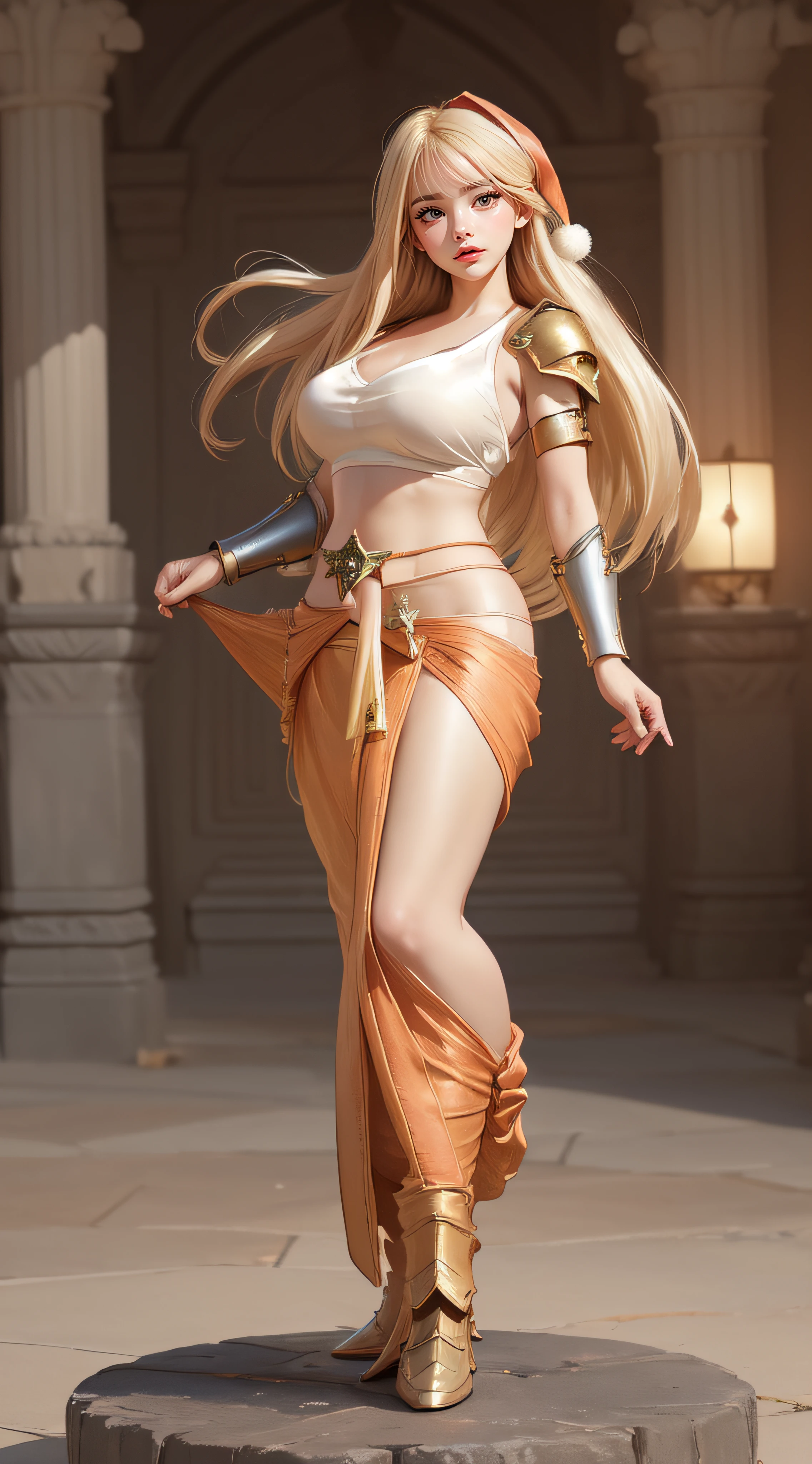 1girl full body standing, nice ass, Hairstyle with a braid, white colored hair, Yellow eyes, perfect lighting, muscular, thights, Mature woman, mummy, bellybutton, Abs, looks at the viewer (tmasterpiece, hiquality: 1.1) ssmile, Extremely huge breasts, Maternal, porcelain skin, extra very long hair, sparkly skin, good face, chest cover