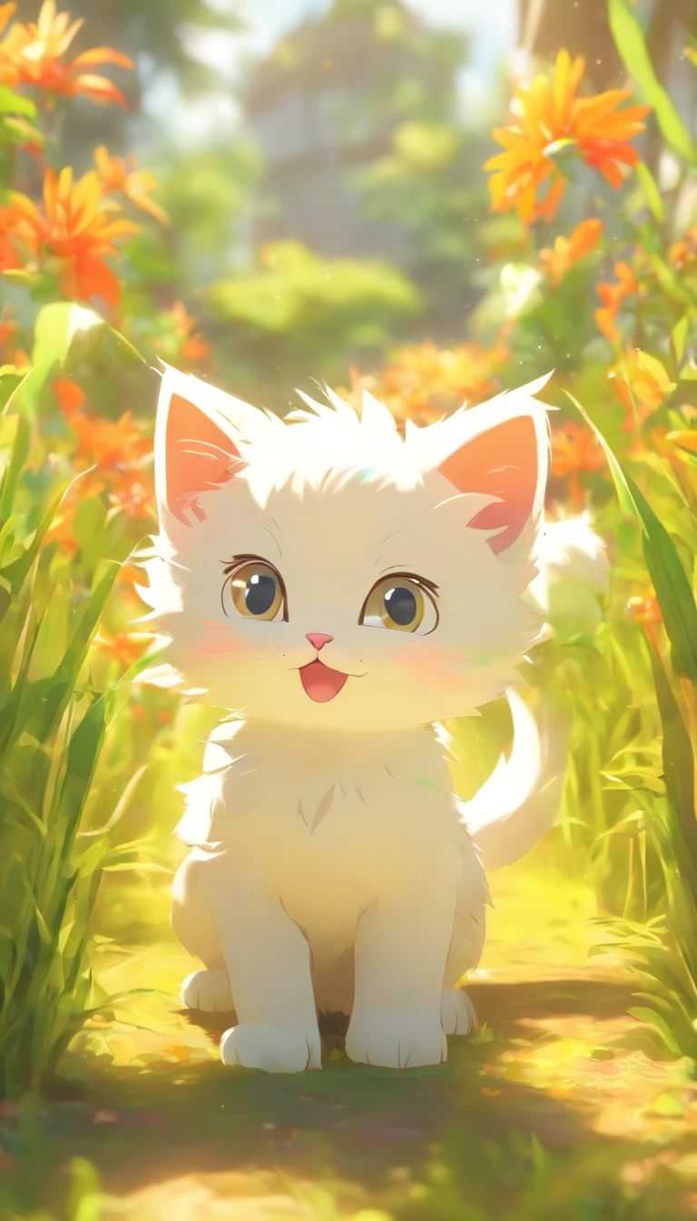 Very cute furry white tropical punk kitten，largeeyes，flower  field，full body Esbian，Bocchi，laughingly，Professional Light，Faraway view，depth of fields，8K，Wide-angle high-angle view，professional photoshoot，rendering by octane，best qualtiy，tmasterpiece，