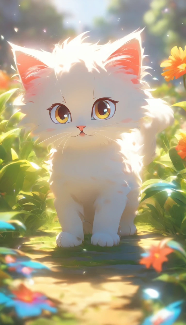 Very cute furry white tropical punk kitten,largeeyes,flower field,full body Esbian,Bocchi,laughingly,Professional Light,Faraway view,depth of fields,8K,Wide-angle high-angle view,professional photoshoot,rendering by octane,best qualtiy,tmasterpiece,