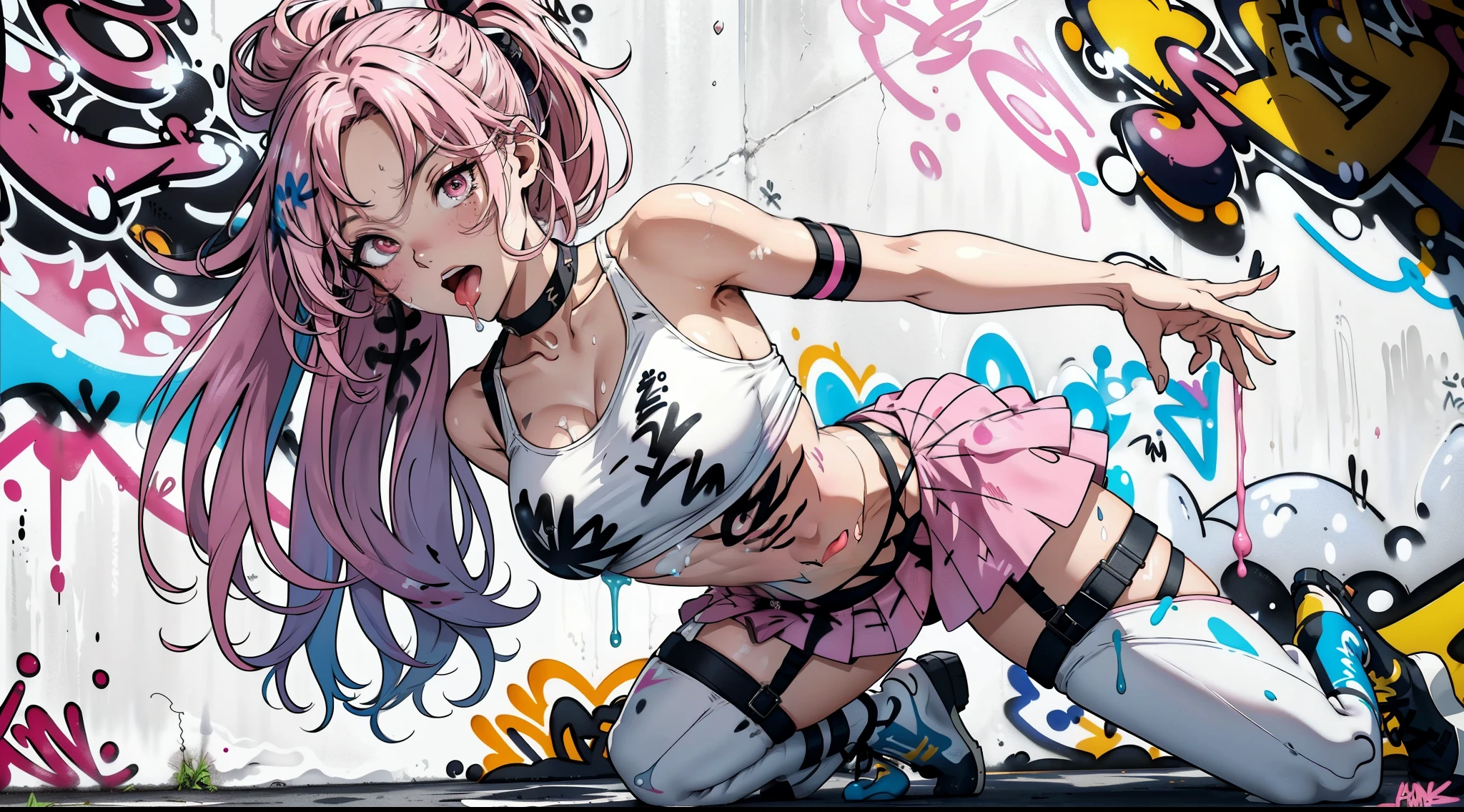 1 girl, ((solo)), absurdres, best quality,1girl, solo, streaked hair, crop top, mini skirt, choker, (graffiti:1.5), paint splatter, arms behind back, (slouching), leaning back, ((pink hair)), ((medium breast)), against wall, (leaning to the side:0.25), looking at viewer, armband, thigh strap, streaked hair, paint on body, upturned eyes, head down, head tilt, (from side:0.75), bored, (expressionless:0.75), ,drenched all over the body,seen from the front, hair straight, mostly cloudy sky,(((tmasterpiece),(Very detailed CG unity 8K wallpaper),best qualtiy,cinmatic lighting,detailed back ground,beatiful detailed eyes,Bright pupils,(Very fine and beautiful),(Beautiful and detailed eye description),ultra - detailed,tmasterpiece,)),facing at camera,(Full body photo),revealing breasts,Bare genitalia, Bulge,Camel toes,frontage,Raised sexy,Flushed complexion,(((cum in tongue))), ((cum in face)), crazy, open mouth, screaming, ahegao, heavy breathing, blush,frontage,high-heels, 、BDSM、、Sex Expressions、((a large amount of cloudy liquid drips from the genitals、Vibrator in )), wet all body((Drenched body)) white milk spill, ((ahegeo face)), blushing face, show boobs, show breasts, show vargina,Show shoes,A high resolution,ultra - detailed),revealing breasts, Bulge,legs are open,Raised sexy,Flushed complexion,Open-mouthed,frontage,full body