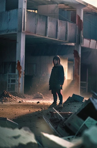 (Best Quality,4K,8K,hight resolution,masutepiece:1.2),Ultra-detailed,Realistic:1.37,landscape,Nature,Abandoned ruins,Dark atmosphere,deteriorated structure,Collapsed buildings,Forgotten beauty,Dusty environment,Overgrown vegetation,Mysterious aura,Sunlight shining through the gap in the wall,Shadows playing on the rubble,Twisted Metal,crumbling concrete,decayed texture,Ominous clouds,Desolate landscape,Post-apocalyptic atmosphere,Vivid colors,subtle color grading,Dramatic Lighting,morning glow,Undeservedly beautiful,Contrast between light and darkness,Visual Storytelling.Woman Standing