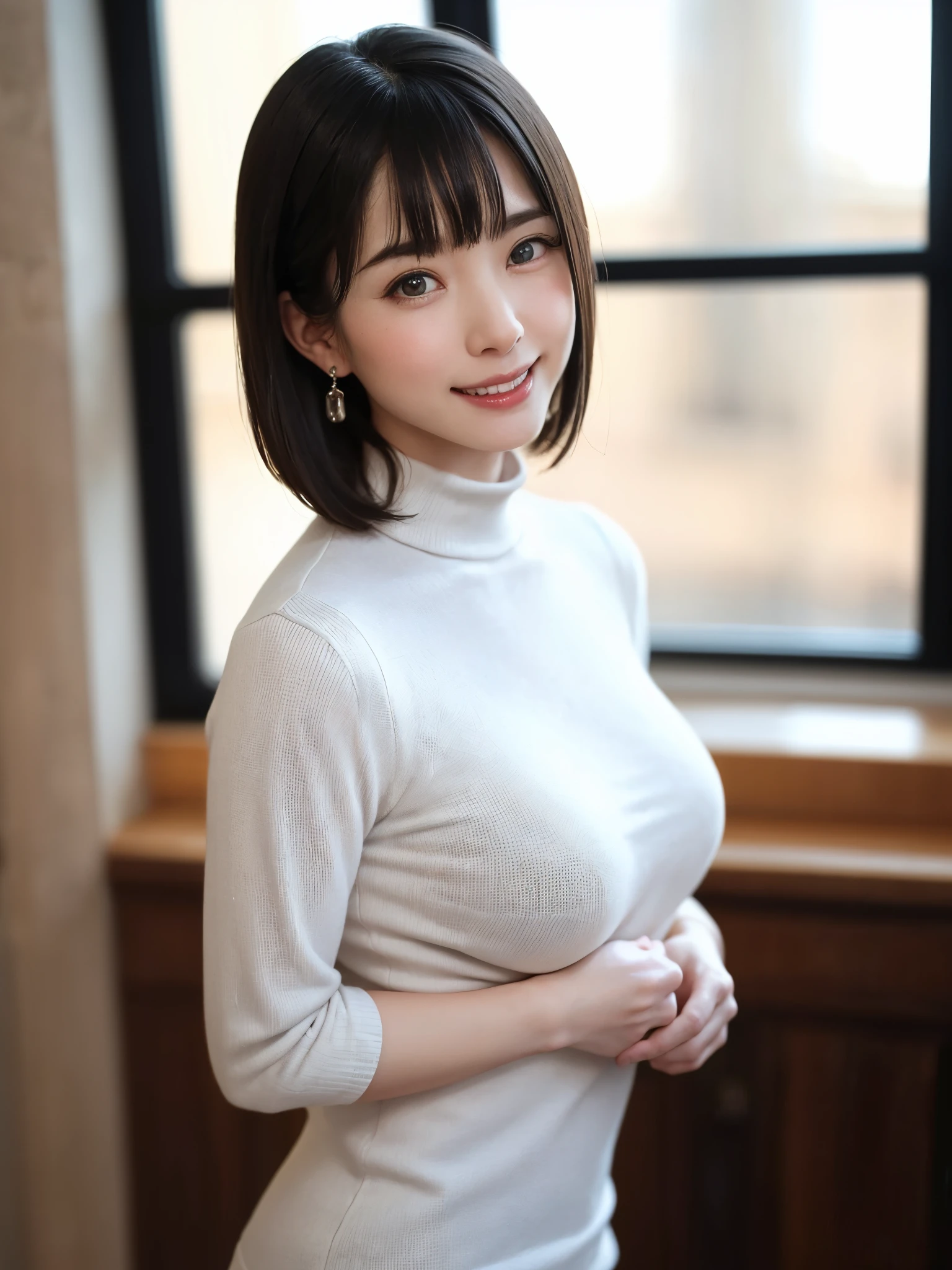 (masutepiece, top-quality、Very attractive adult beauty、Add intense highlights to the eyes、Look firmly at the camera:1.4、Beautiful woman full of adult charm、Ideal ratio body proportions、Perfect Anatomy、Brunette Short Bob Hair、Lustrous hair、lipgloss),1girl in, 独奏, Light brown shiny hair, muffler,realisitic, looking at the viewers、Tilt your head slightly, Bright colored crystal light blue eyes, short shiny hair、 White turtleneck outfit with a hole in the center of the chest,Sexy white turtleneck knit sweater with a round hole in the middle of the chest、 s lips, lipgloss,bangss, The upper part of the body、big eye、Lashes、The face is a little red、Embarrassing)、((Road system in Italy in winter))、((Shorthair with bangs、big eye、Put very strong highlights in your students、{Gigantic|Big|Huge|Mega} breasts:1.4、very Bigger breasts、gazing at viewer、Very beautiful beauty、Put your ears out、long neck、little smiling、Beautiful teeth、Open your mouth and smile、Heart-shaped pupil))、28 year old、Very cute supermodel、