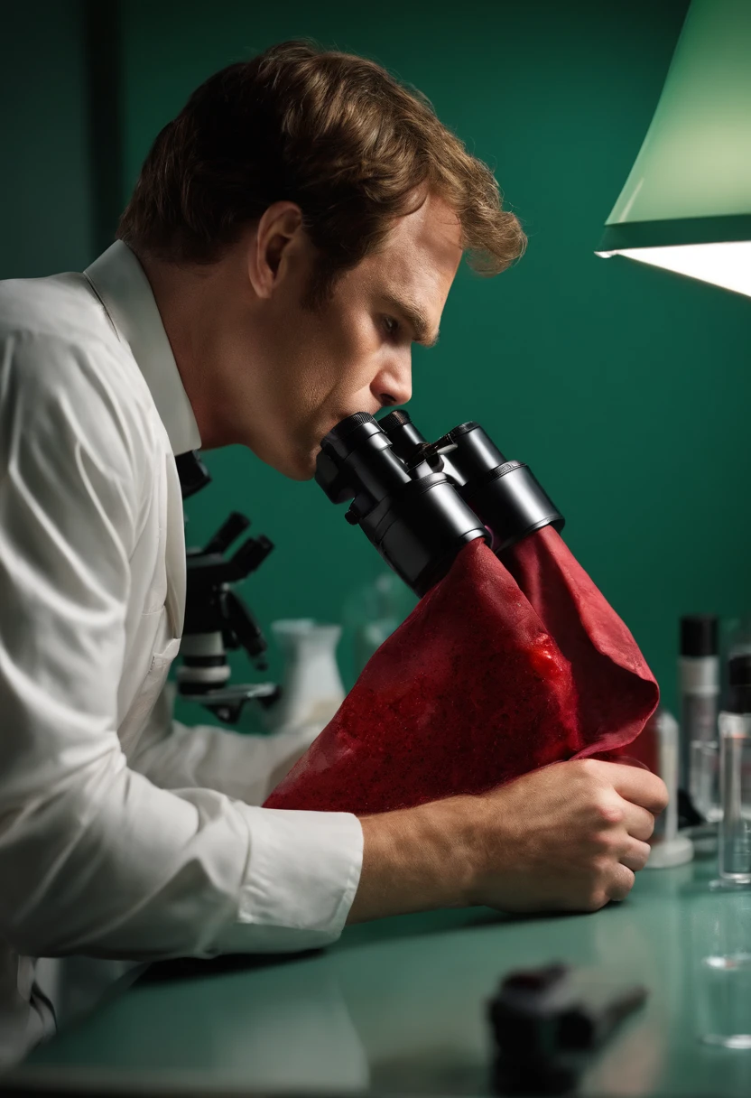 A photo of Dexter carefully examining a blood-spattered shirt under a microscope,original,michael c hall