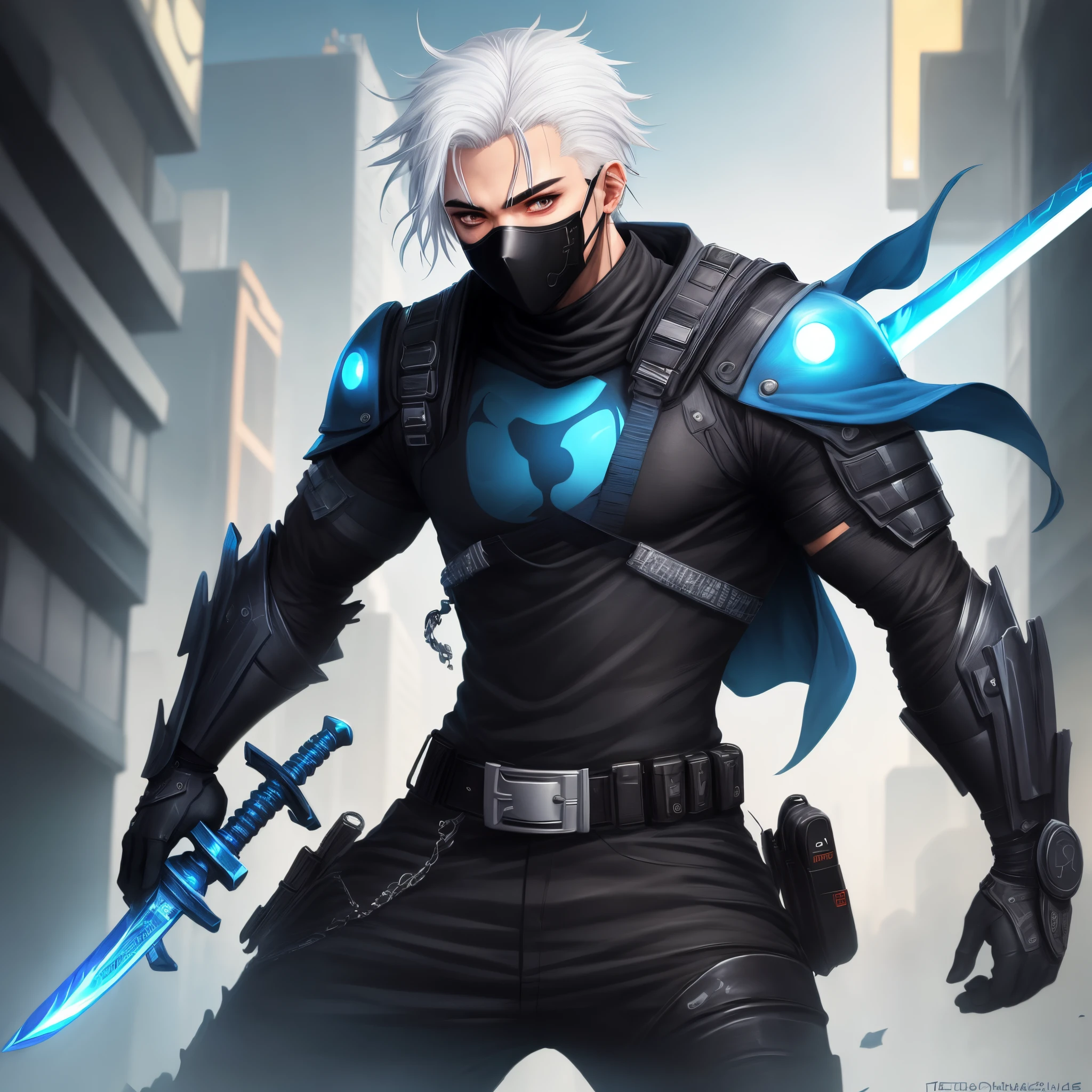 A ninja guy with white hair and withe and black outfit and black mask and blue shimmering sword,cyberpunk
