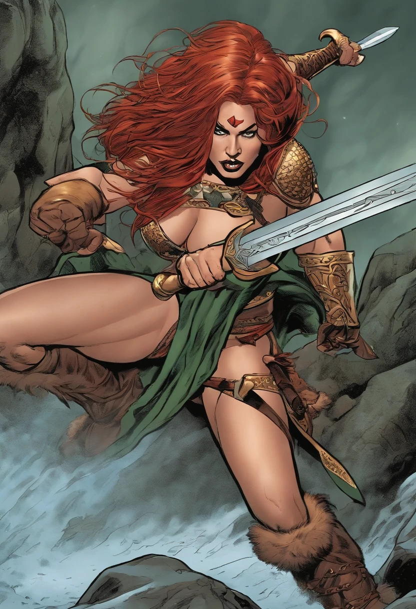 A remarkable sight of Atpic demonstrating her agility and strength in a fierce sparring match with a fellow warrior,Conan the Barbarian #23,Red Sonja is a beautifull woman, wearing a chainmailbikini, covering her curves, a slender body, long red hair and green eyes