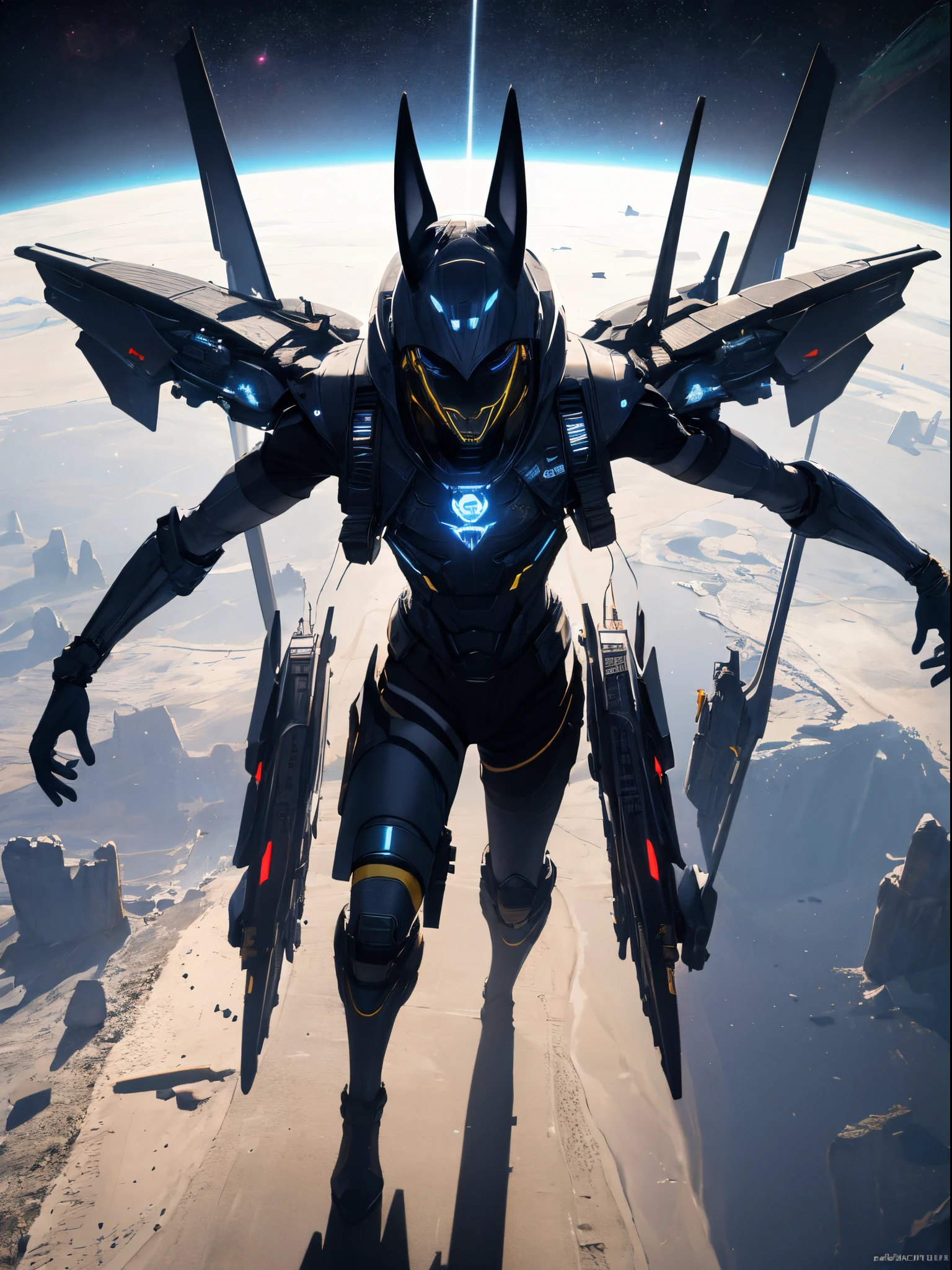 4k , 8k , master-piece , strong male Anubis with techwear in a futuristic scifi world , techwear , scifi Egypt, cyber ,  psycedelische licht effekte , stargate umgebung , aggressives raumschiff, Starfighter , Antiker , Ancient space fighter