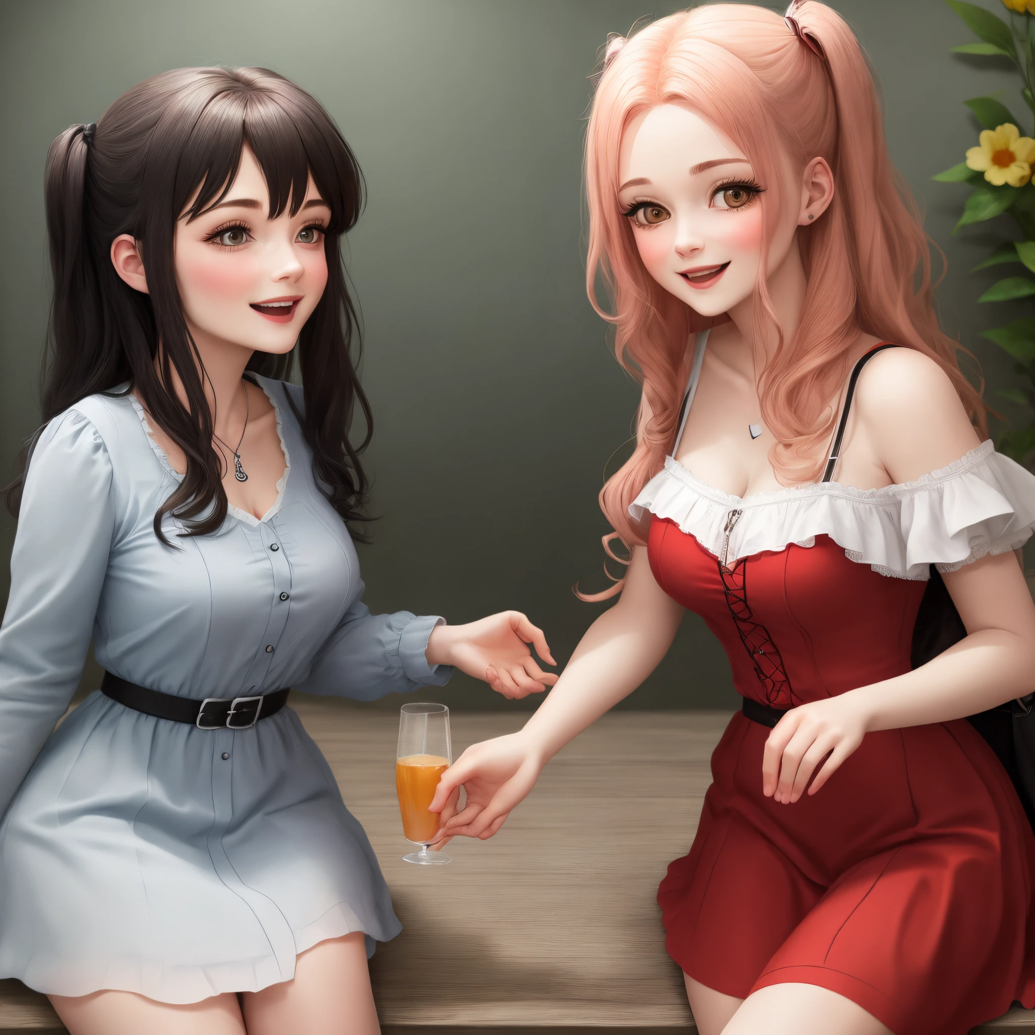 (best quality), (high quality), (detailed), (masterpiece), good artist, 1girl, (2heads:1.5), 1girl, smiling, brown eyes, beautiful eyes, different emotions, blonde hair, brown hair