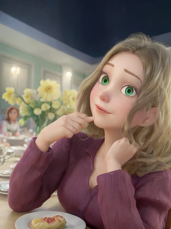 there is a woman sitting at a table with a plate of food and green eyes, anastasia ovchinnikova, viktoria gavrilenko, alina ivanchenko, moleksandra shchaslyva, angelina stroganova, ekaterina, very very low quality picture, anna nikonova, julia gorokhova, anna nikonova aka newmilky