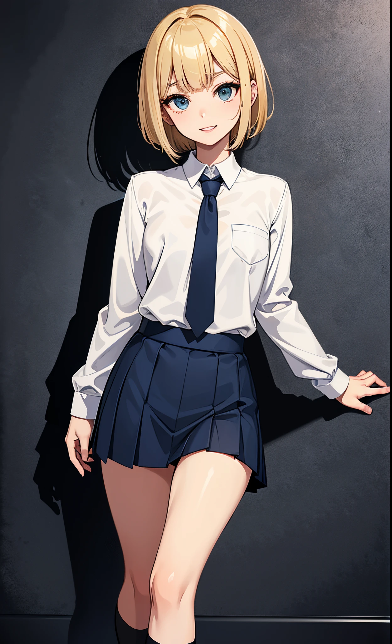 best quality, ultra high res, 4k, 1girl, (((whole body))), facing front, Fair skin, blunt bangs, short bob hair, jitome, ((blonde hair)), ((small breasts)), slender body, white brouse, long sleeve, dark blue mini skirt, black knee high socks, loafers, (school costume), smile, tooth, black panty, grabs smartphone on right hands, monochromatic dark blue tie, (thin eyebrows), looking down