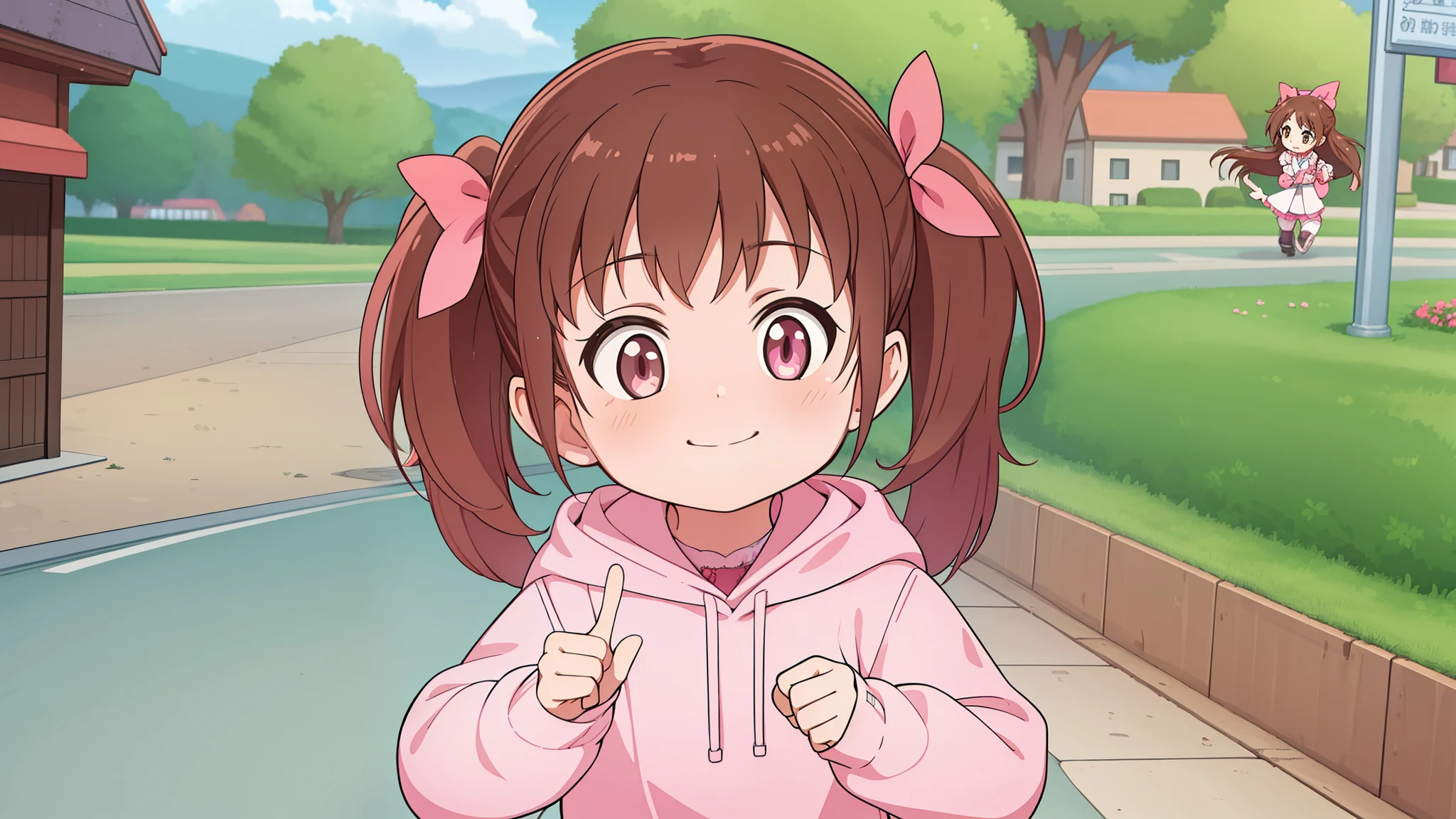 hiquality, tmasterpiece (one girls) . brown hair. Pink Children's Clothing. pink bows. ponytails on the hair. sweet smile. open brown eyes. against the background of the Street