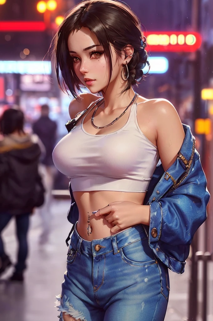 arafed woman in a white top and blue jeans posing for a picture, trending on cgstation, cyberpunk 2 0 y. o model girl, realistic anime 3 d style, artwork in the style of guweiz, photorealistic anime girl render, ilya kuvshinov. 4 k, cyberpunk anime girl, deviantart artstation cgscosiety, tifa lockhart