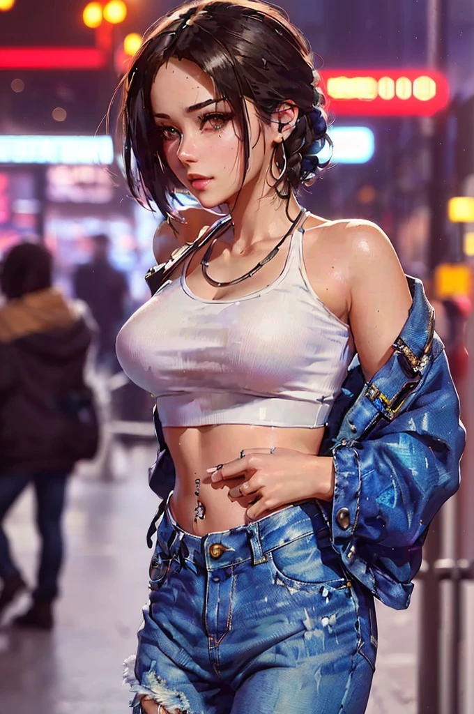 arafed woman in a white top and blue jeans posing for a picture, trending on cgstation, cyberpunk 2 0 y. o model girl, realistic anime 3 d style, artwork in the style of guweiz, photorealistic anime girl render, ilya kuvshinov. 4 k, cyberpunk anime girl, deviantart artstation cgscosiety, tifa lockhart