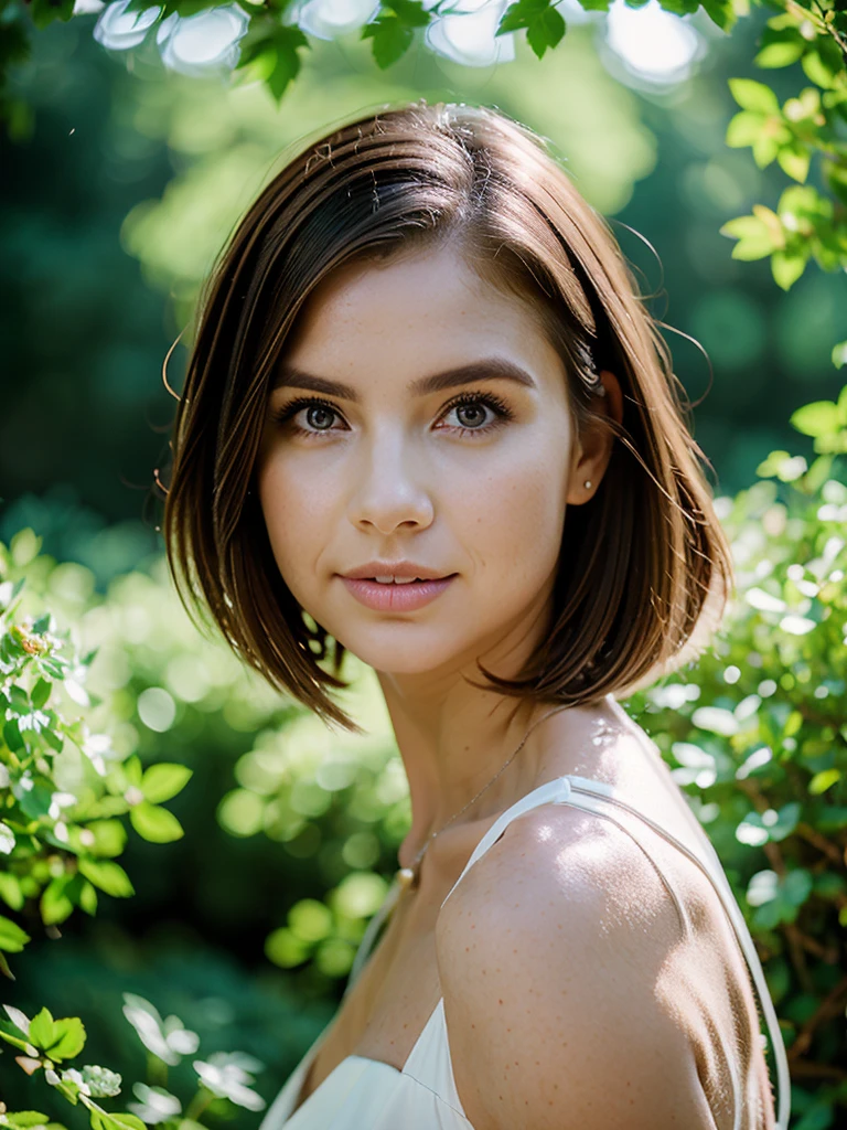 cute woman under drizzling rain, (elegant, beautiful face), transparent white dress, forest moss, (freckles:0.8), flowers feld, , curly red hair, magical atmosphere, (short hair), ((detailed skin, skin texture)), ultradetailed, (intricately detailed, fine details, hyperdetailed), raytracing, subsurface scattering, (fantasy underworld on background), diffused soft lighting, shallow depth of field, by (Oliver Wetter), sharp focus bokeh, (realistic photo quality:1.4)