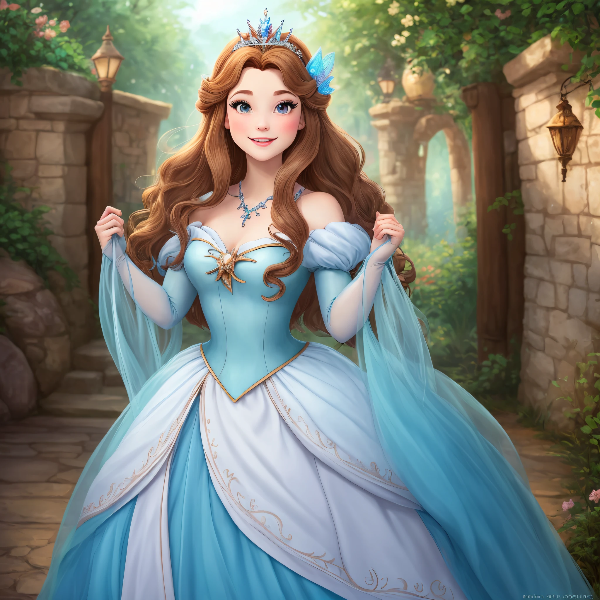 A princess with long brown hair in a fairy tale, wearing a beautiful lilac dress with glitter and ruffles --auto