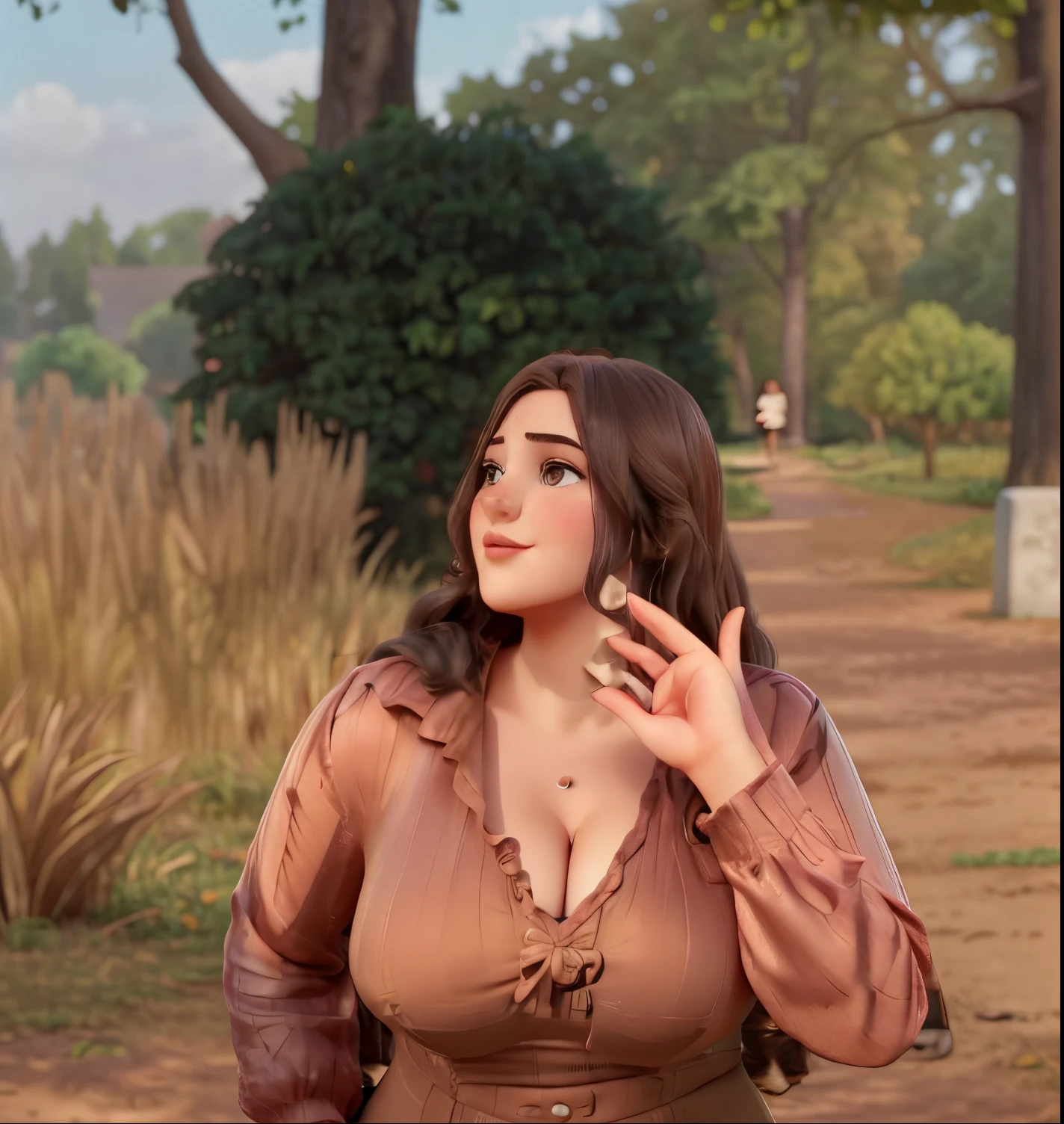 there is a woman in a brown dress standing in a park, plus size woman, at golden hour, by Emma Andijewska, plus size, inspired by Esaias Boursse, alluring plus sized model, a portrait of a plump woman, by Zofia Stryjenska, by Anna Haifisch, shot at golden hour, 8k))