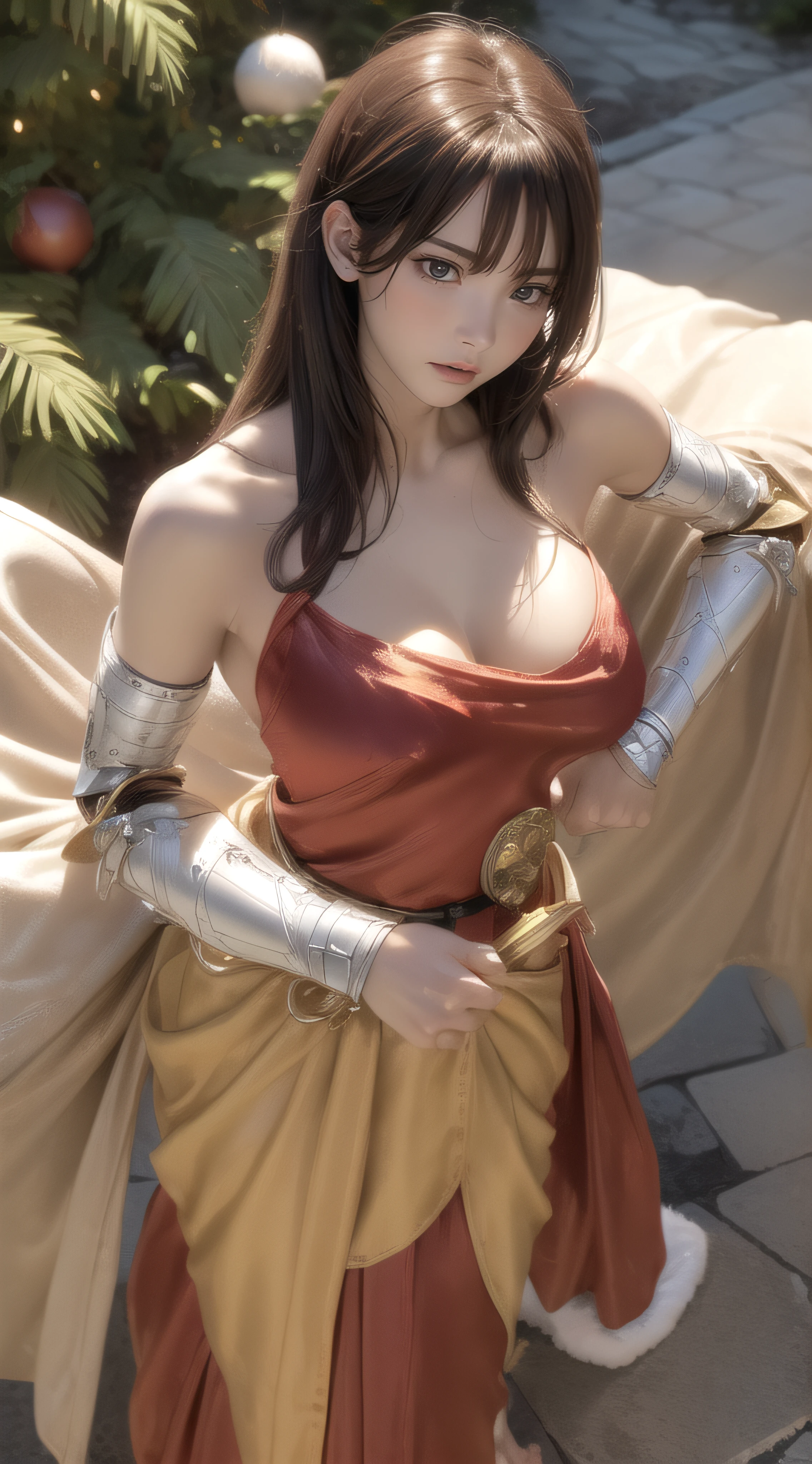 face focus,(extreme close-up),battle_stance,1girl,(ultra detailed skin),curvy,petite,beautiful breasts,large breasts,pale skin,pointy breasts,erect nipples,(fantasy art,Highest image quality,Hyperrealist portrait,(8k),ultra-realistic,best quality, high quality, high definition, high quality texture,high detail,beautiful detailed,fine detailed,extremely detailed cg,detailed texture,a realistic representation of the face,masterpiece,Sense of presence,Dynamic,bold),bob hair,(thin hair),(soft hair),(straight hair:1.5),Swept long bangs,extra light coppery amber hair,hair over one eye,((clothed:1.5),leather boots,leather gauntlet,(santa dress armor:1.5),(long silk sarong:1.5))),mecha musume,lucifer's wings,girl,mecha_girl_figure