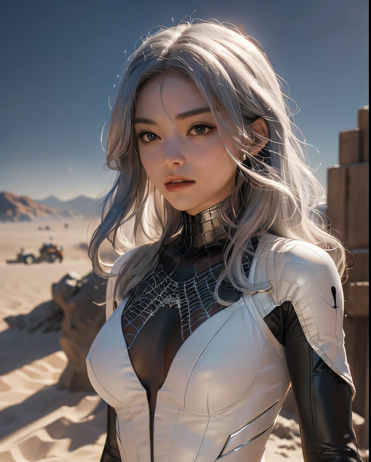 (Extreme Detail CG Unity 8K wallpaper, masterpiece, highest quality), (Exquisite lighting and shadow, highly dramatic picture, Cinematic lens effect), a girl in a white Spider-Man costume, microkini, silver gray hair color, from the Spider-Man parallel universe, Wenger, Marvel, Spider-Man, fight in the sand, UFO, dynamic pose), (excellent detail, excellent lighting, wide angle), (excellent rendego on desert, enough to stand out in its class), focus on white Spider-Man costumes, complex spider textures