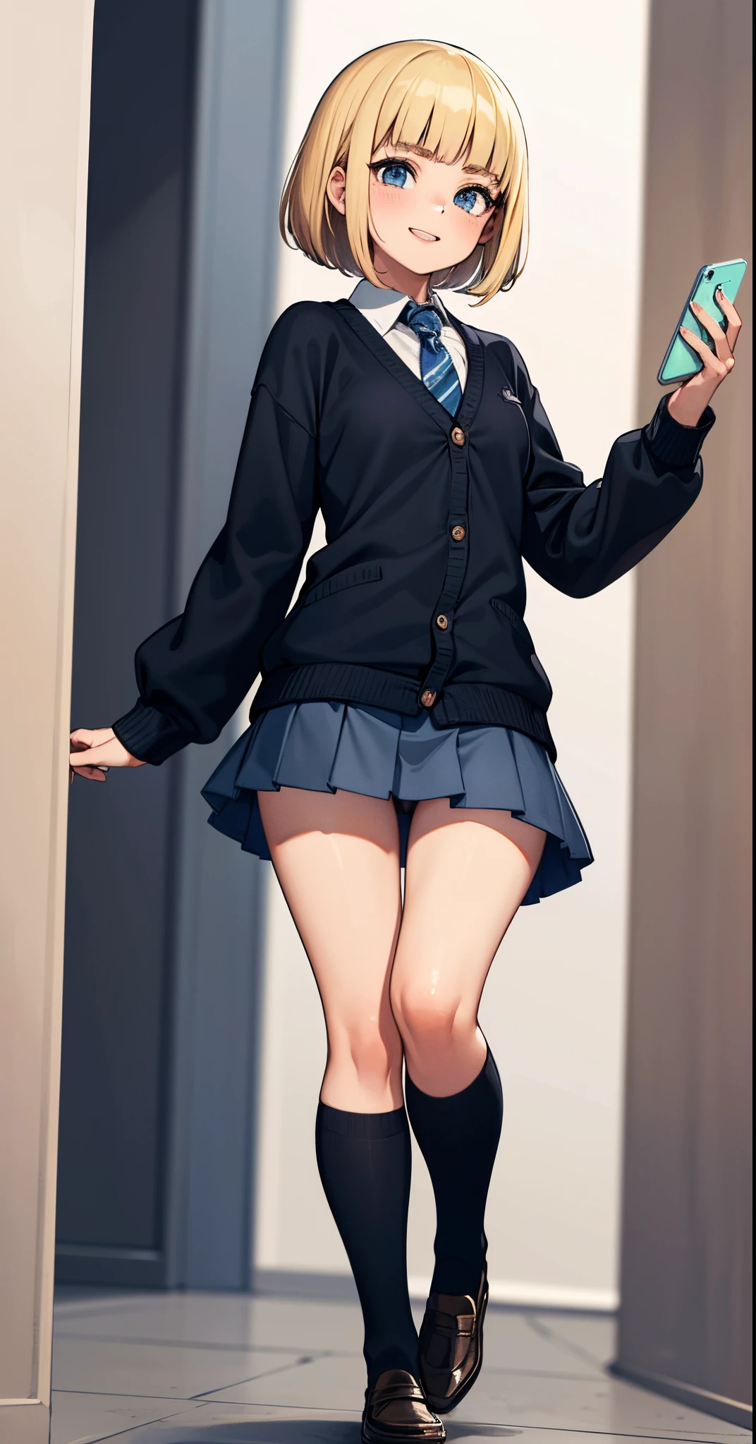 best quality, ultra high res, 4k, 1girl, (((whole body))), facing front, Fair skin, blunt bangs, short bob hair, jitome, ((blonde hair)), ((small breasts)), slender body, white brouse, long sleeve, dark blue mini skirt, black knee high socks, loafers, (school costume), smile, tooth, black panty, grabs smartphone on right hands, monochromatic dark blue tie, (thin eyebrows), looking down, black cardigan