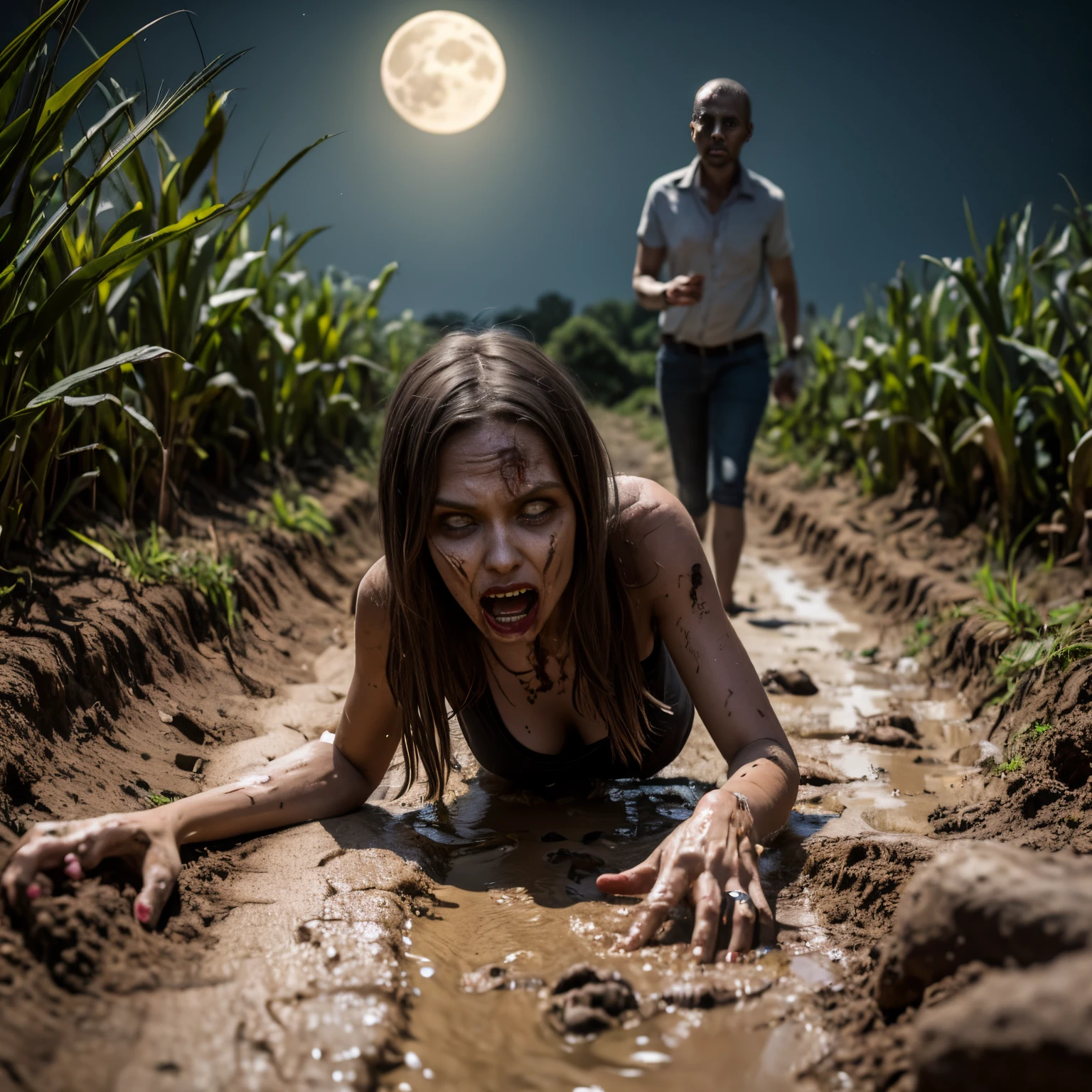 zombie coming out of the earth, she is crawling on the ground, she is covered in mud, she is in a cornfield, she is dressed to get married, it is night and the moon is shining