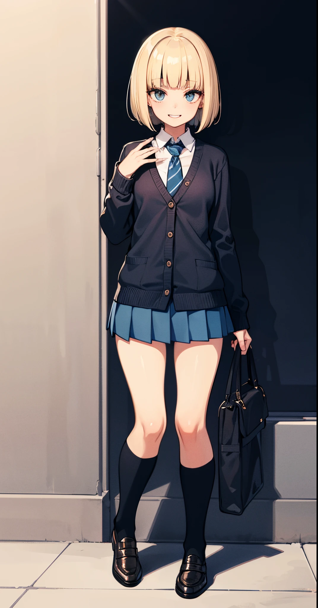 best quality, ultra high res, 4k, 1girl, (((whole body))), facing front, Fair skin, blunt bangs, short bob hair, jitome, ((blonde hair)), ((small breasts)), slender body, white brouse, long sleeve, dark blue mini skirt, black knee high socks, loafers, (school costume), smile, tooth, black panty, grabs smartphone on right hands, monochromatic dark blue tie, (thin eyebrows), looking down, black cardigan