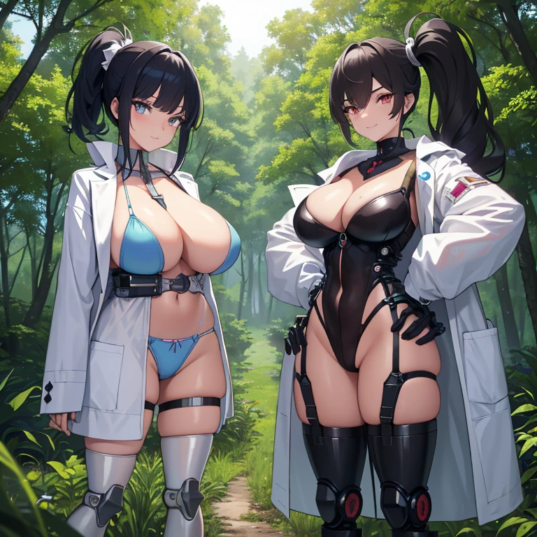 ((1 woman with transparent panties, white scientist coat)),((just a biomechanical brat)),((big breasts)),((in a forest)),((wet pussy, erect nipples)) ,((very large pubic hair)),((short black hair with a side ponytail, with very large bangs covering the face)),((one blue eye, one biomechanical red eye, with an evil smile)), ((standing facing the viewer, in a forest)),