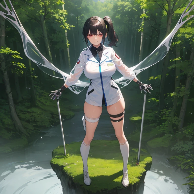 ((1 woman with transparent panties, white scientist coat)),((just a biomechanical brat)),((big breasts)),((in a forest)),((wet pussy, erect nipples)) ,((very large pubic hair)),((short black hair with a side ponytail, with very large bangs covering the face)),((one blue eye, one biomechanical red eye, with an evil smile)), ((standing facing the viewer, in a forest)),
