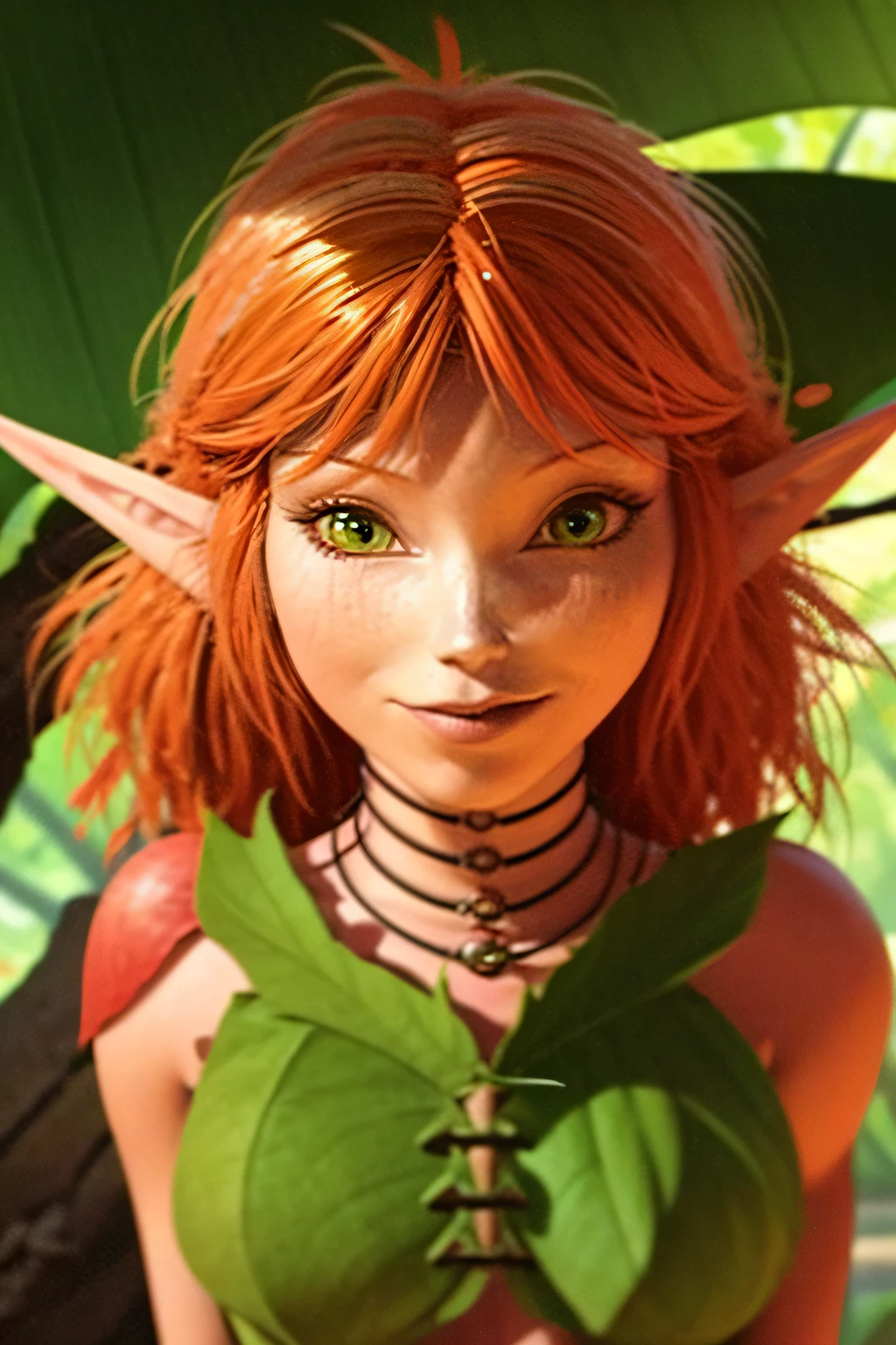 ELF EARS, LEAF COSTUME, GINGER HAIR, 1girl, solo, upper body, facing viewer, looking at viewer, smile,