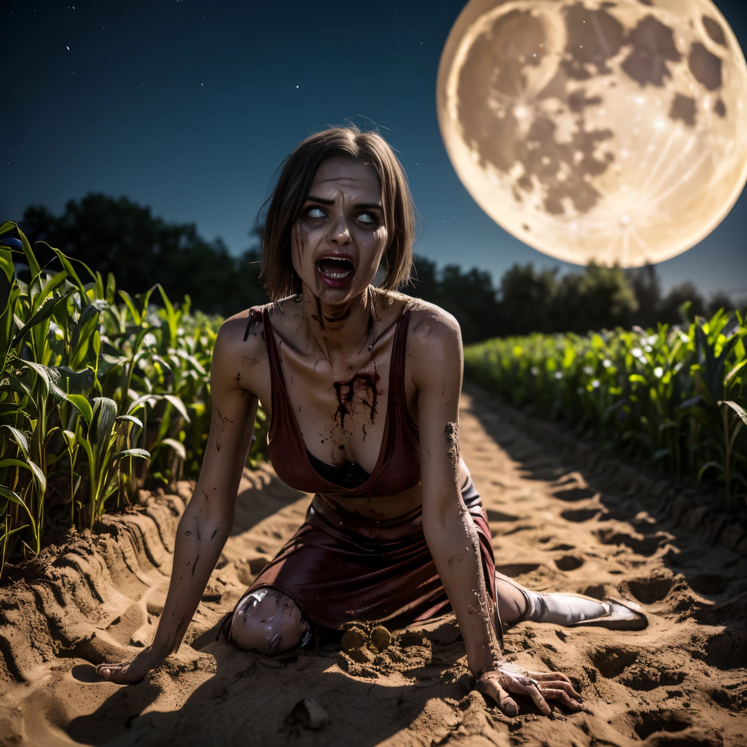 zombie coming out of the earth, she is crawling on the ground, she is covered in mud, she is in a cornfield, she is dressed to get married, it is night and the moon is shining