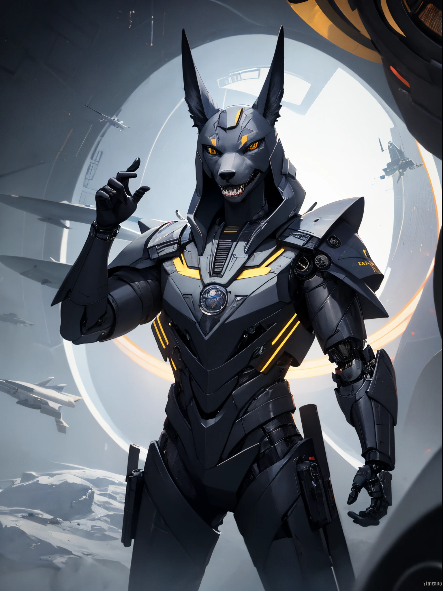 4k , 8k , master-piece , strong male Anubis with techwear in a futuristic scifi world , aggresiver cyborg hund als begleiter ,  techwear , scifi Egypt, cyber , psycedelic , God , Destroyer of Earth ,  bunte psycedelische licht effekte , stargate umgebung , aggressives raumschiff, Starfighter , Antiker , Ancient space fighter , strong facial expressions , sharp teeth