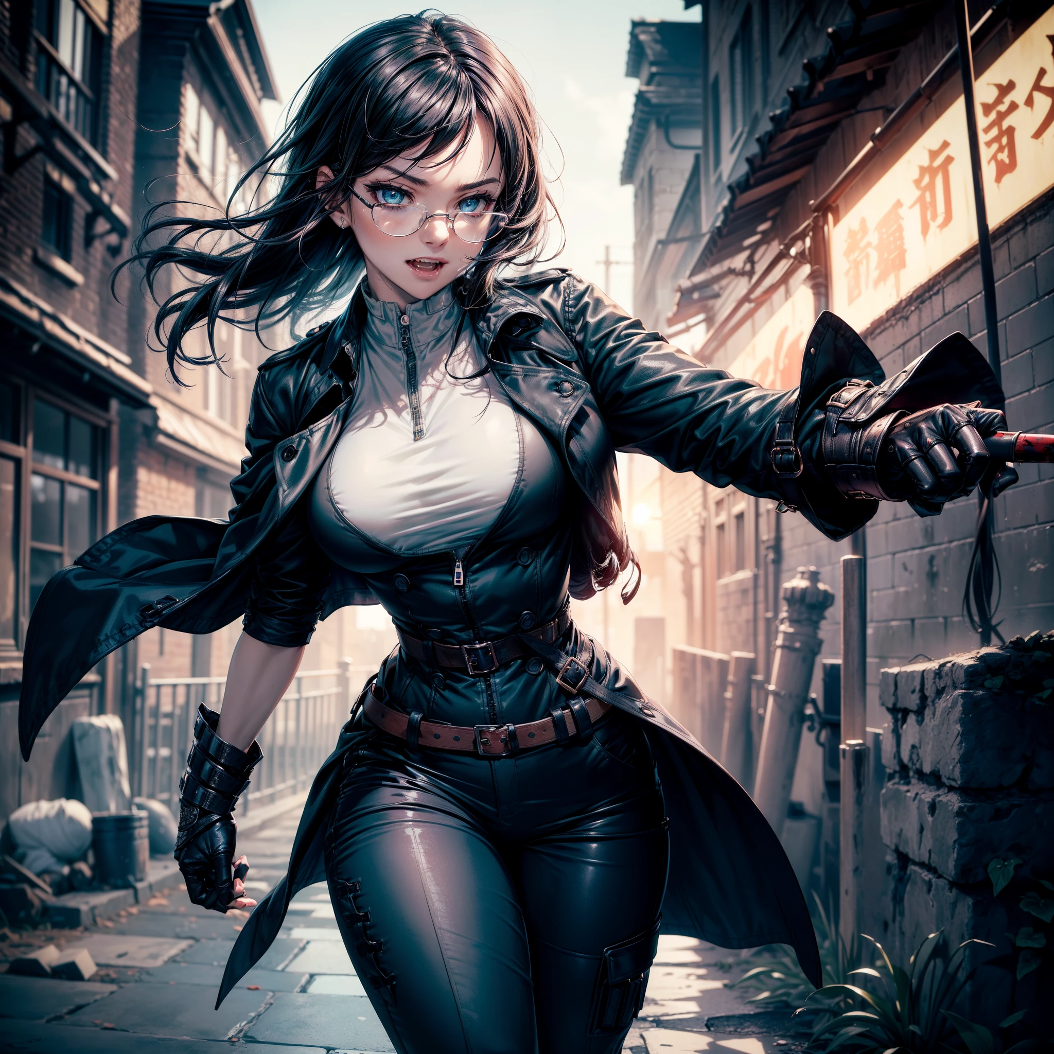 (High resolution, best quality, masterpiece) detail, intricate detail, 1female, ((solo)), physically fit, curvy, ((slender_body)), pale skin, fierce expression, dark eyes, (detailed eyes), sharpened fangs, black hair, medium length hair, full body, medium breast, beautiful, cute, dark aura surrounding her, shirt:black, (topwear:((trench_coat:black), handwear:((gauntlets), bottomswear:(pants:blue))))), blood dripping, glasses on the top of her head, dark tinted glasses, grinning, hand at her side, cocky expression,