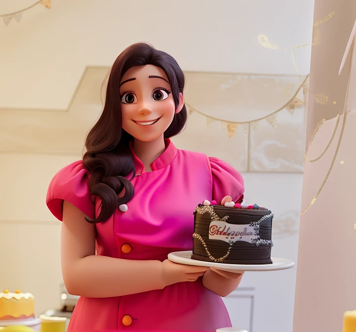 a smiling woman with a cake in her hand and a pink chef's outfit