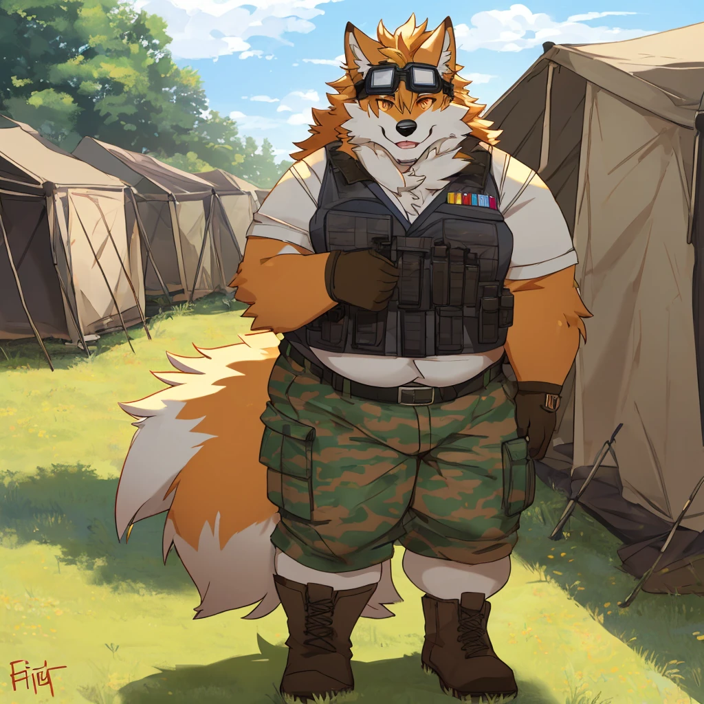 solo, wolf, anthro, male, orange eyes, messy mane, obese,fatrolls,fattening, soft, wearing vest, wearing blue goggles, looking at viewer, outside, standing in military camp