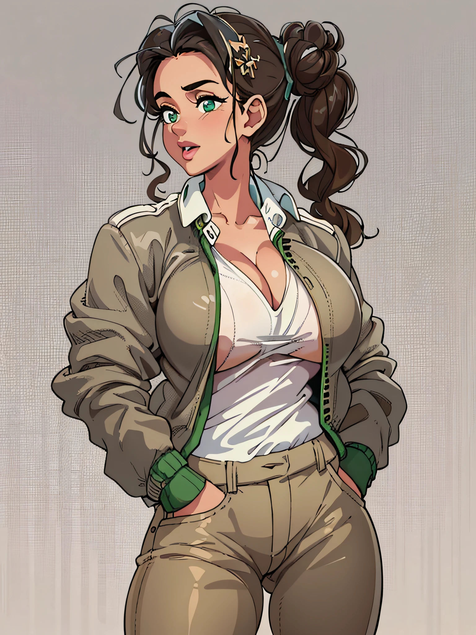 (best quality, masterpiece, illustration:1.1), [[[1girl]]], black (bun haired) jewish girl, (((big boobs))), huge boobs, [[[big nose!]]], big nose, (wearing white shirt and pale olive jacket along with brown pants), beautiful, highly detailed, 4k, perfect body, rich quality, hd, ultrahd, full body, idle pose, green eyes
