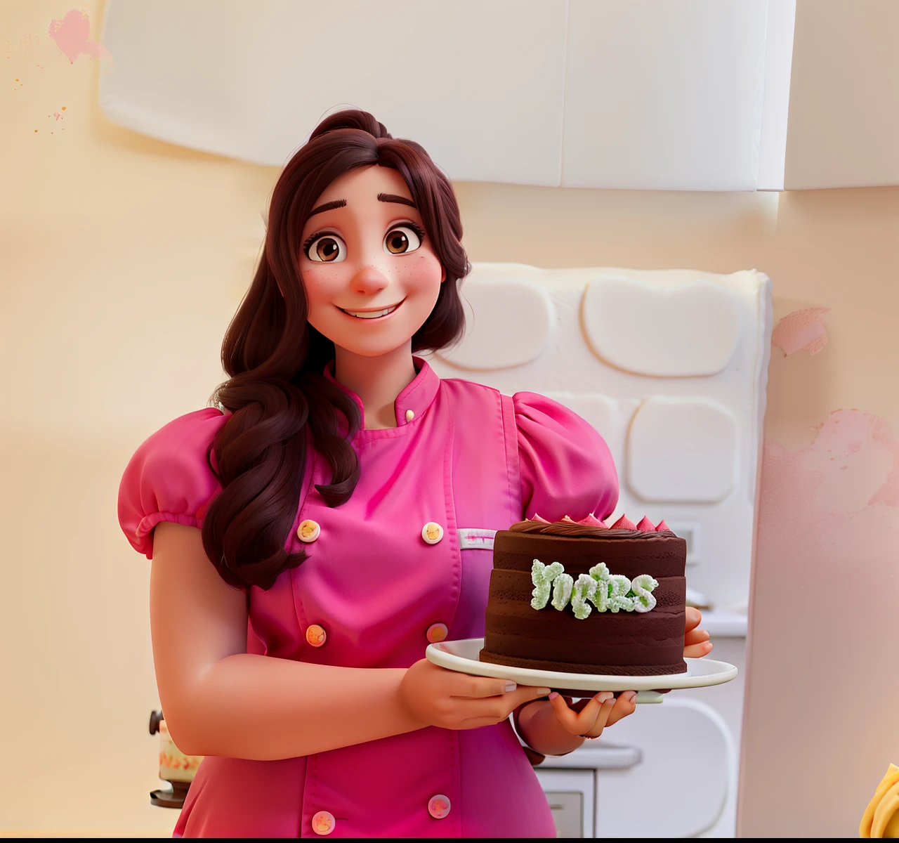 a smiling woman with a cake in her hand and a pink chef's outfit