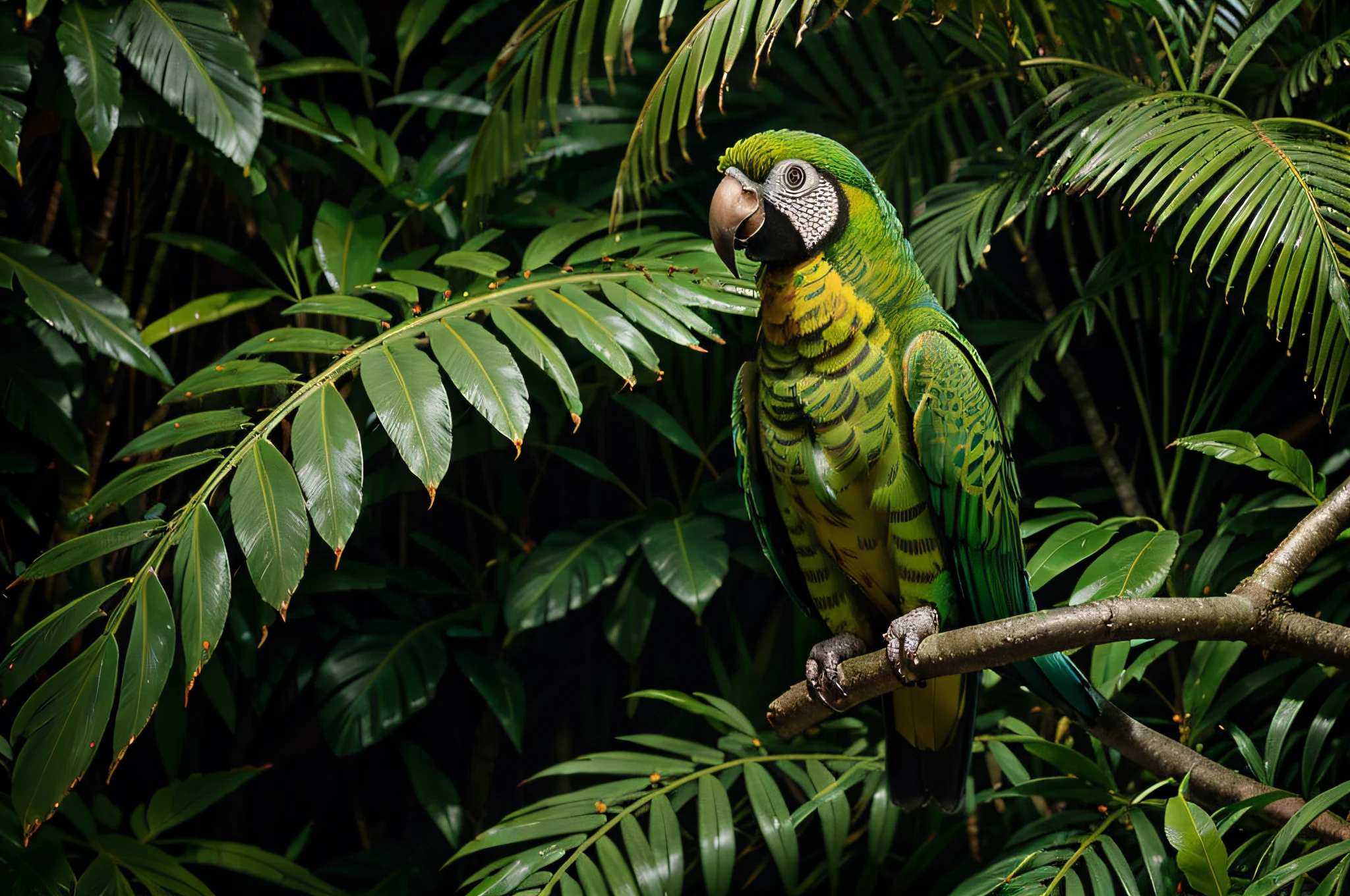 A majestic true parrot perched on a branch, its vibrant green feathers shimmering in the sunlight against a backdrop of lush rainforest.