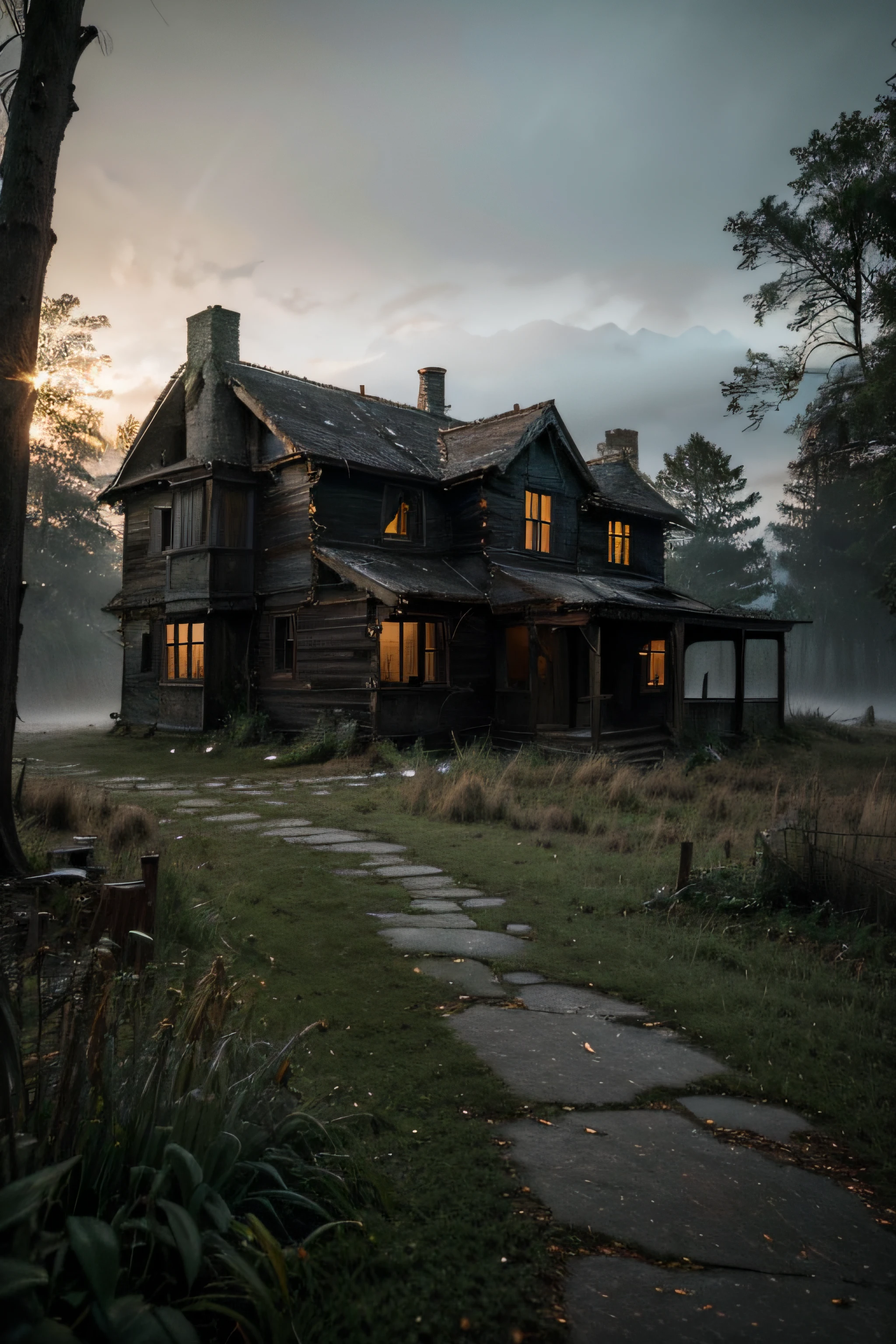 (best quality,4k,8k,highres,masterpiece:1.2),ultra-detailed,realistic,photorealistic:1.37,hill landscape,old broken house,dramatic sky,moody colors,soft sunlight,overgrown grass,crumbling walls,tattered curtains,stained windows,tall trees,abandoned atmosphere,lonely feel,nostalgic vibes,vibrant greenery,subtle textures,weathered wood,dark shadows,haunting beauty,quiet serenity,ethereal mood lost of fog and dark atmosfeer, at night