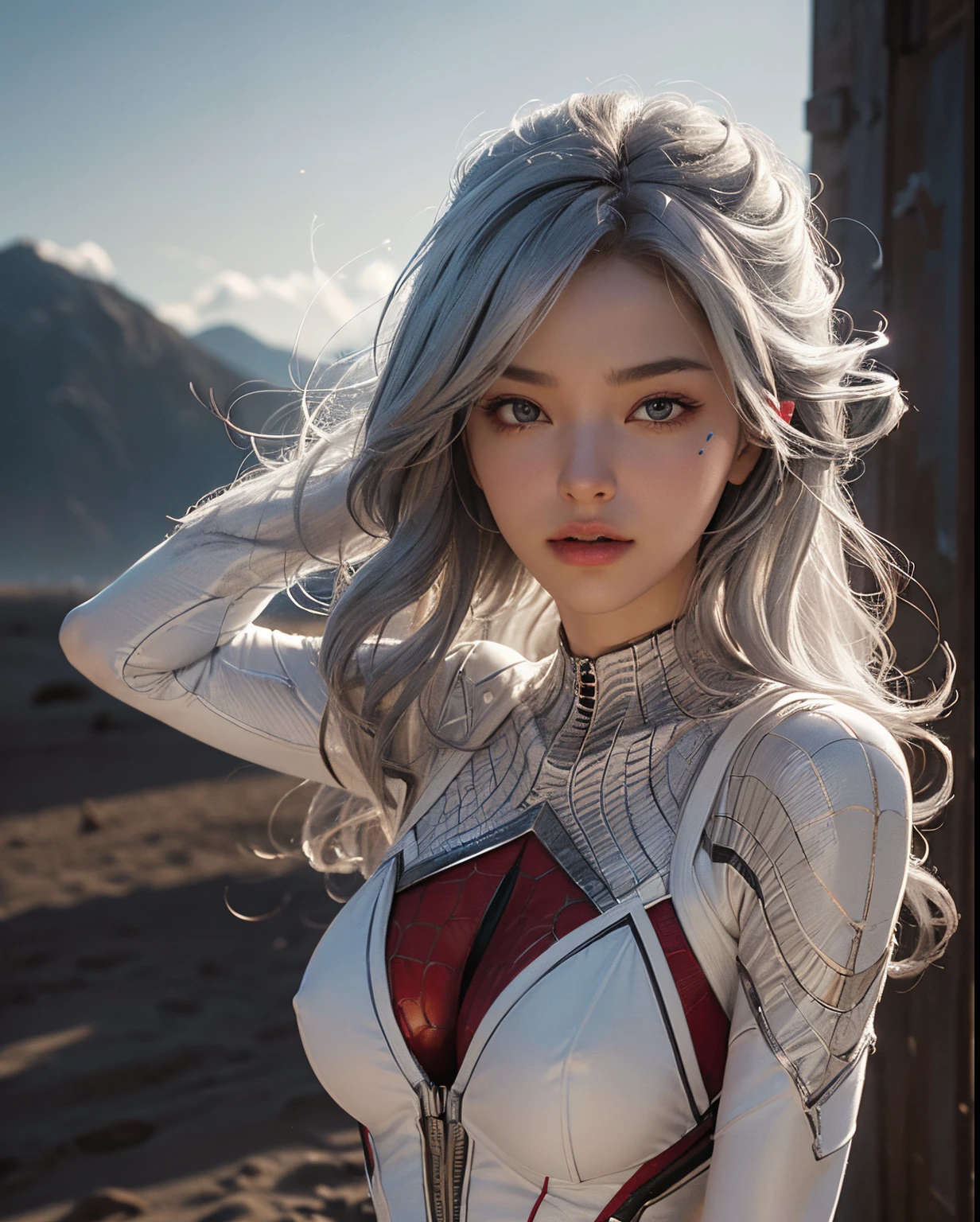 (Extreme Detail CG Unity 8K wallpaper, masterpiece, highest quality), (Exquisite lighting and shadow, highly dramatic picture, Cinematic lens effect), a girl in a white Spider-Man costume, microkini, silver gray hair color, from the Spider-Man parallel universe, Wenger, Marvel, Spider-Man, fight in the sand, UFO, dynamic pose), (excellent detail, excellent lighting, wide angle), (excellent rendego on desert, enough to stand out in its class), focus on white Spider-Man costumes, complex spider textures