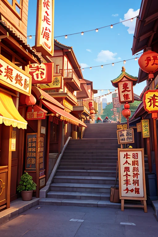 Three-dimensional cityscape、passage、Chinese style、opulent、stairway、signboard、food stand、passage