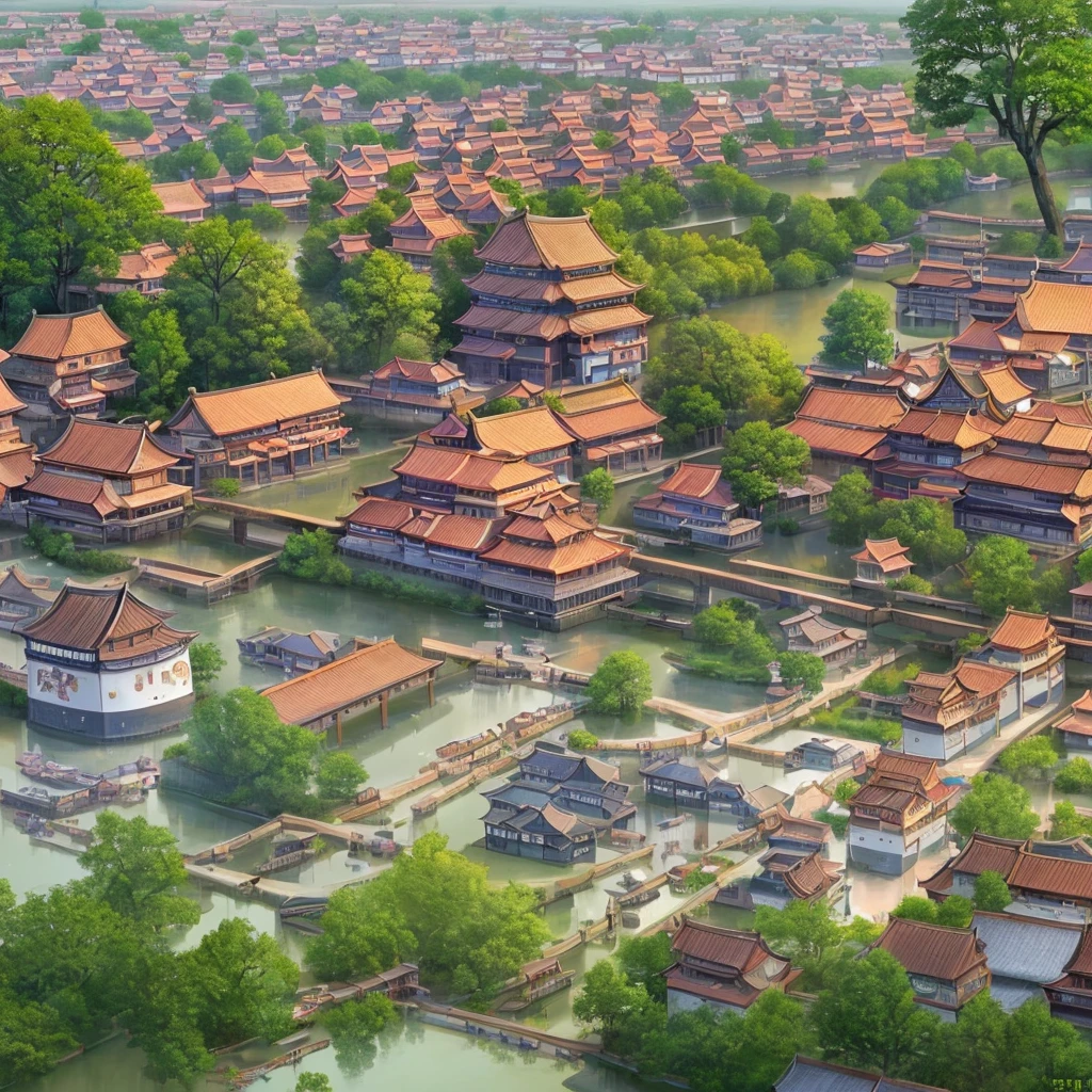 Jiangnan Water Town, depicting the daily life of girls, meticulous, Republican elements, high-quality, 8k, masterpiece, flat style, with brushstrokes, epic sense, thick, heavy, Morandi color system