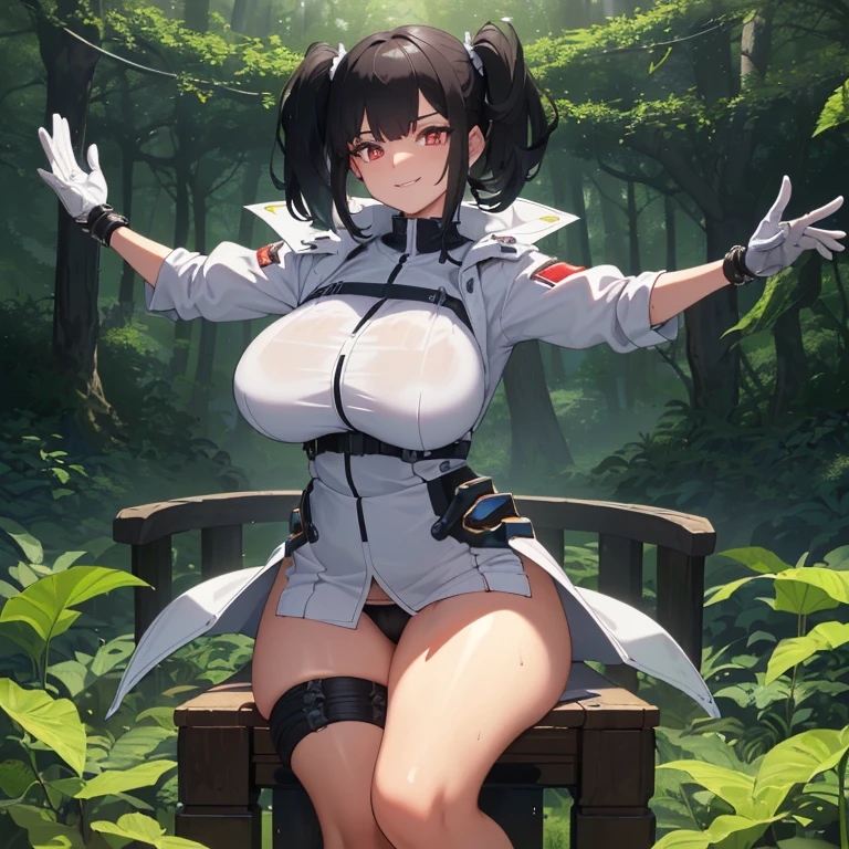 ((1 woman with transparent panties, white scientist coat)),((just a biomechanical brat)),((big breasts)),((in a forest)),((wet pussy, erect nipples)) ,((very large pubic hair)),((short black hair with a side ponytail, with very large bangs covering the face)),((one blue eye, one biomechanical red eye, with an evil smile)), ((set on a throne with open legs in the shape of an m, facing the viewer, in a forest)),