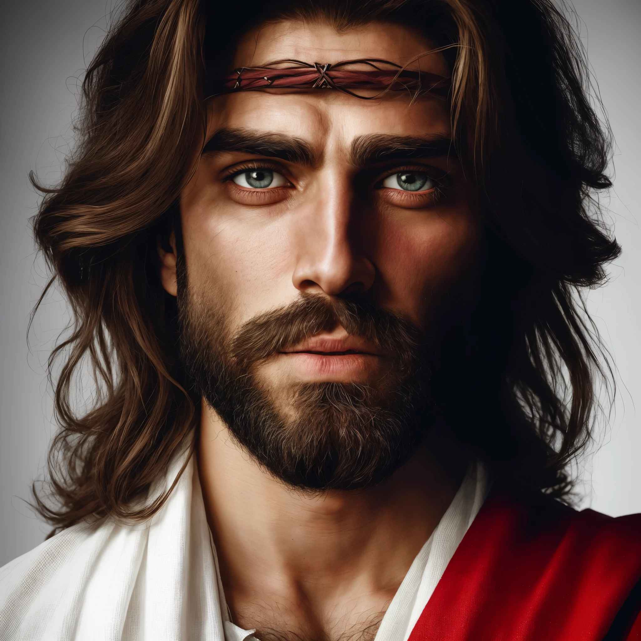 um close up de um homem com barba e cruz na testa, Retrato de Jesus Cristo, Jesus Cristo, rosto de Jesus, jesus of nazareth, Vestido como Jesus Cristo, Jesus, Greg Olsen, mulher linda, bonito impressionante realista, rosto masculino bonito, Christian, Macho bonito, Cyberpunk Jesus Cristo, homem bonito, homem bonito barbudo, beautiful man