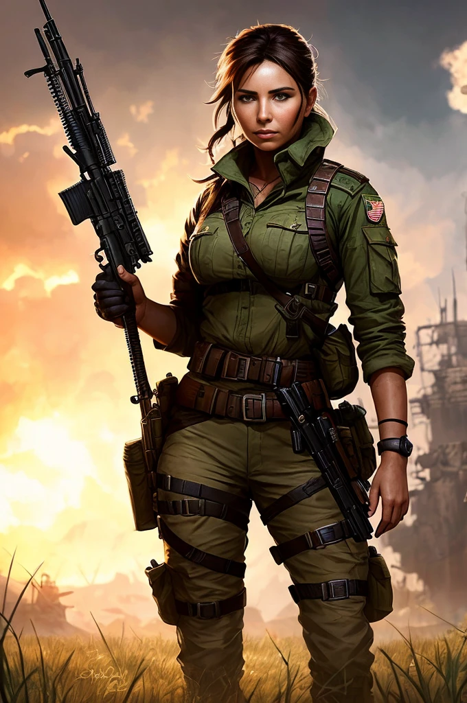 araffe woman in military gear holding a gun in a field, portrait of a female ranger, wojtek fus, solo female character, portrait of lara croft, postapocalyptic explorer, female lead character, amazing 8k character concept art, stunning character art, alexandra fomina artstation, full - body portrait of a ranger, loba andrade from apex legends