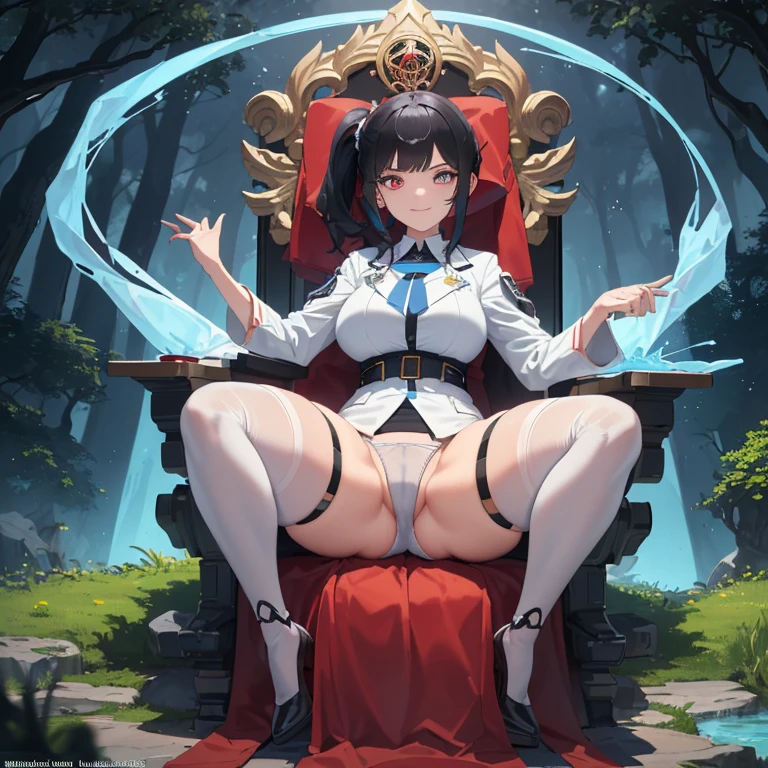 ((1 woman with transparent panties, white scientist coat)),((just a biomechanical brat)),((big breasts)),((in a forest)),((wet pussy, erect nipples)) ,((very large pubic hair)),((short black hair with a side ponytail, with very large bangs covering the face)),((one blue eye, one biomechanical red eye, with an evil smile)), ((set on a throne with open legs in the shape of an m, facing the viewer, in a forest)),