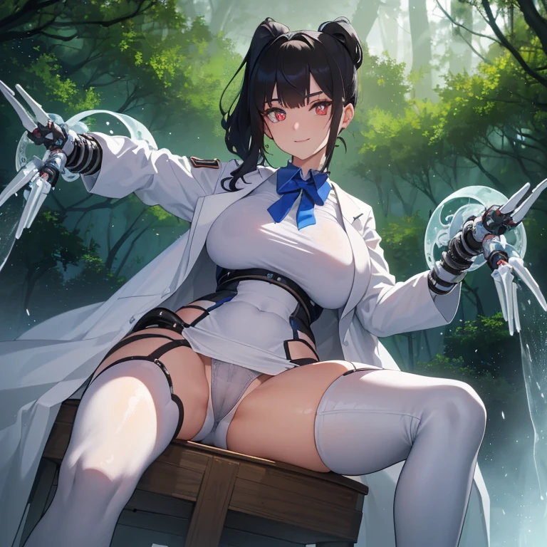 ((1 woman with transparent panties, white scientist coat)),((just a biomechanical brat)),((big breasts)),((in a forest)),((wet pussy, erect nipples)) ,((very large pubic hair)),((short black hair with a side ponytail, with very large bangs covering the face)),((one blue eye, one biomechanical red eye, with an evil smile)), ((set on a throne with open legs in the shape of an m, facing the viewer, in a forest)),