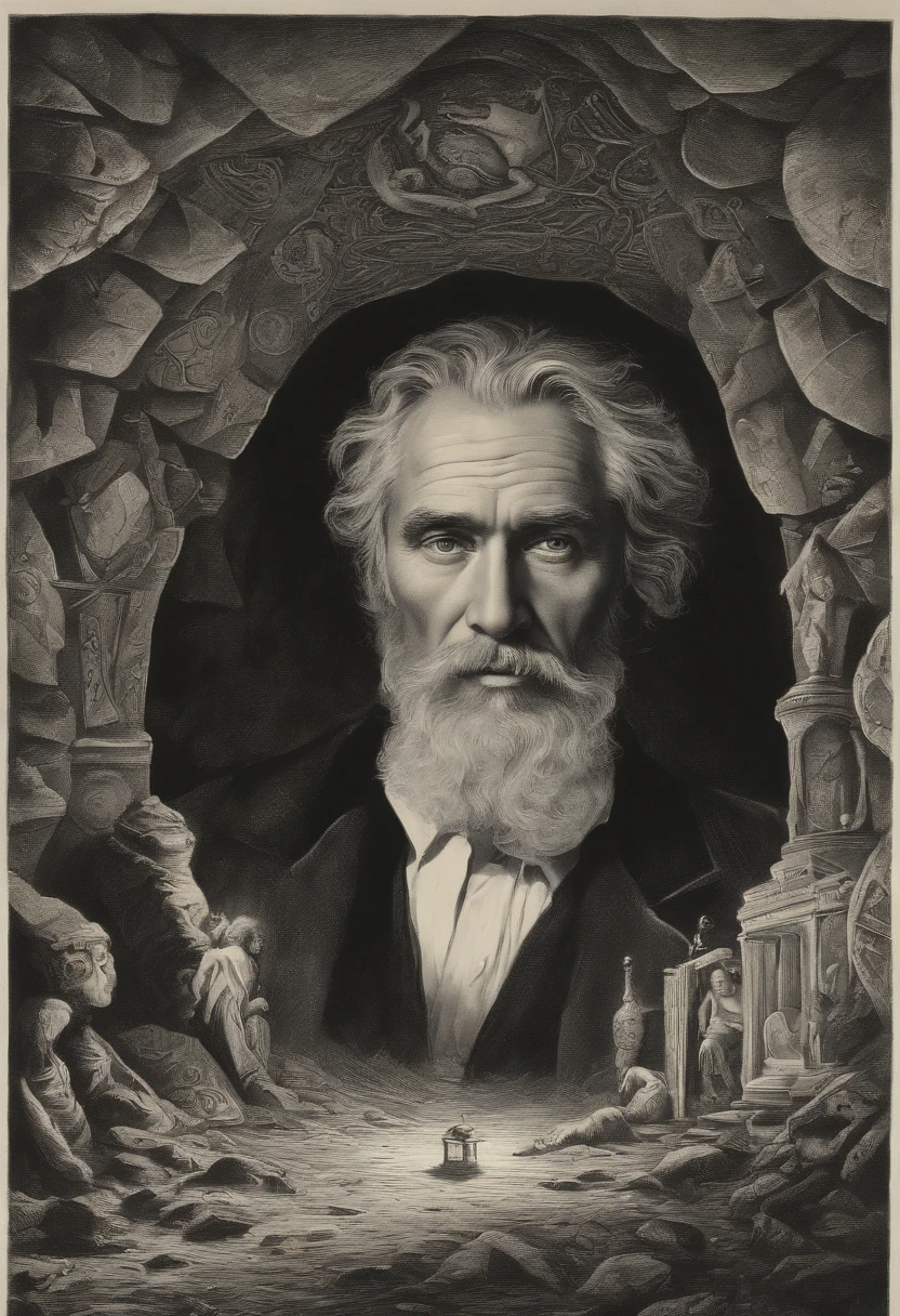 A photo of Vincent standing in a dimly lit cave, surrounded by ancient symbols and mysterious engravings.,original,Vincent “Vortex” Malone, with his disheveled appearance, is often seen in a dimly lit room, surrounded by screens and stacks of obscure books and papers. His wild, unkempt hair and intense, piercing eyes reflect his immersion in the world of conspiracy theories.