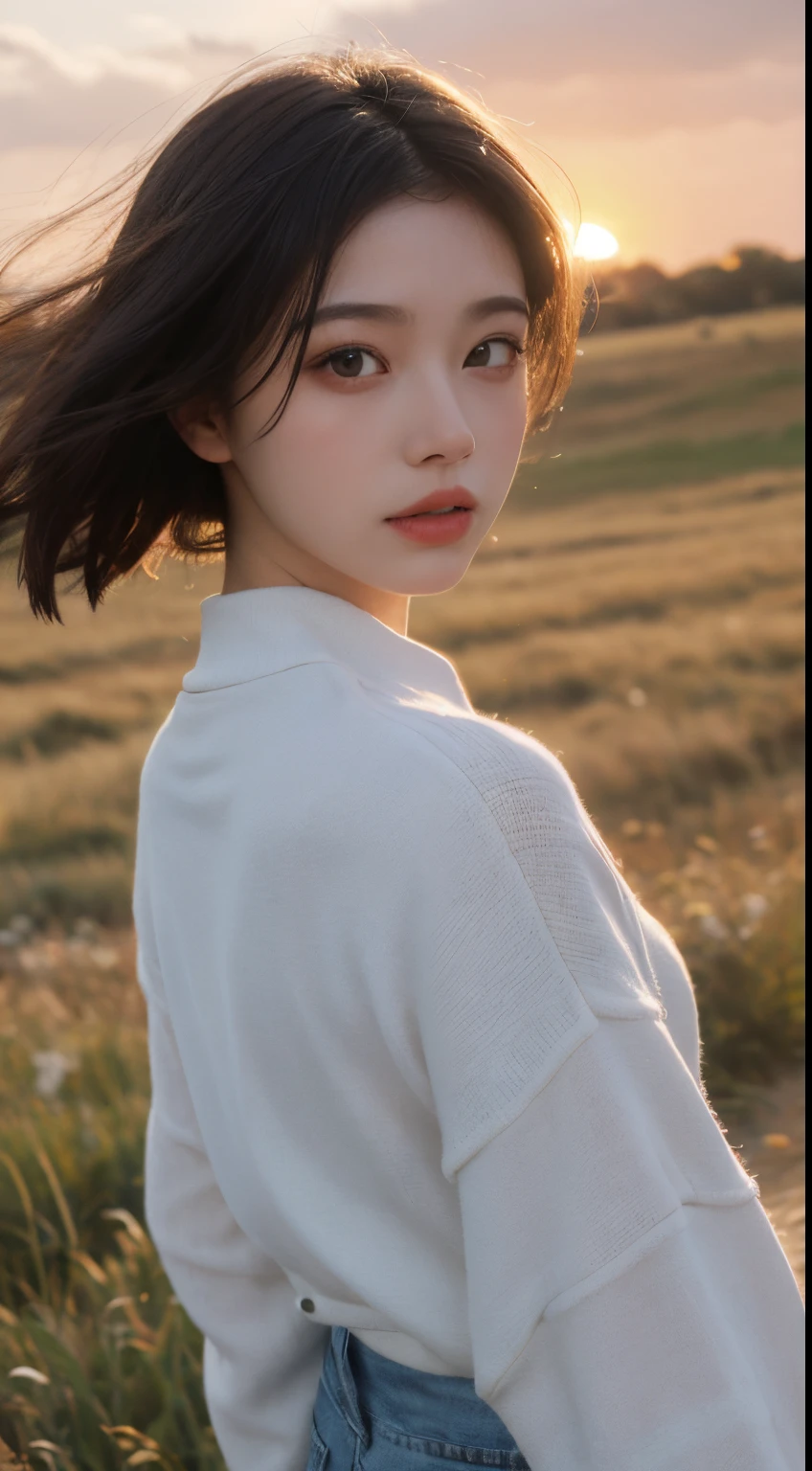 Best Quality,masutepiece,超A high resolution,Photorealistic,Raw photo,Unity 8k壁纸, in a panoramic view, Cinematic lighting,
on grassland, Sunset, Dappled sunlight, Golden Hour Lighting, backlit lighting, the background is blurred, (Lens Flare), Wind, Pastel colors, Soft light,
1girll,short flowing hair, Elegant, Upper body,