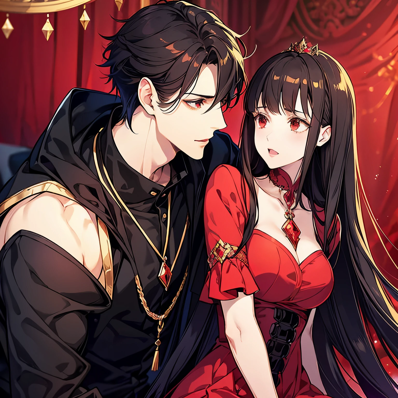 Anime, a straight couple dressed in red and black, are hugging, dark fantasy style, the woman has brown eyes & brunette hair with bangs & pale skin & red tinted lips & has an hourglass body, the man has black eyes & black fluffy hair & pale skin & has a lean muscular body, both have crowns