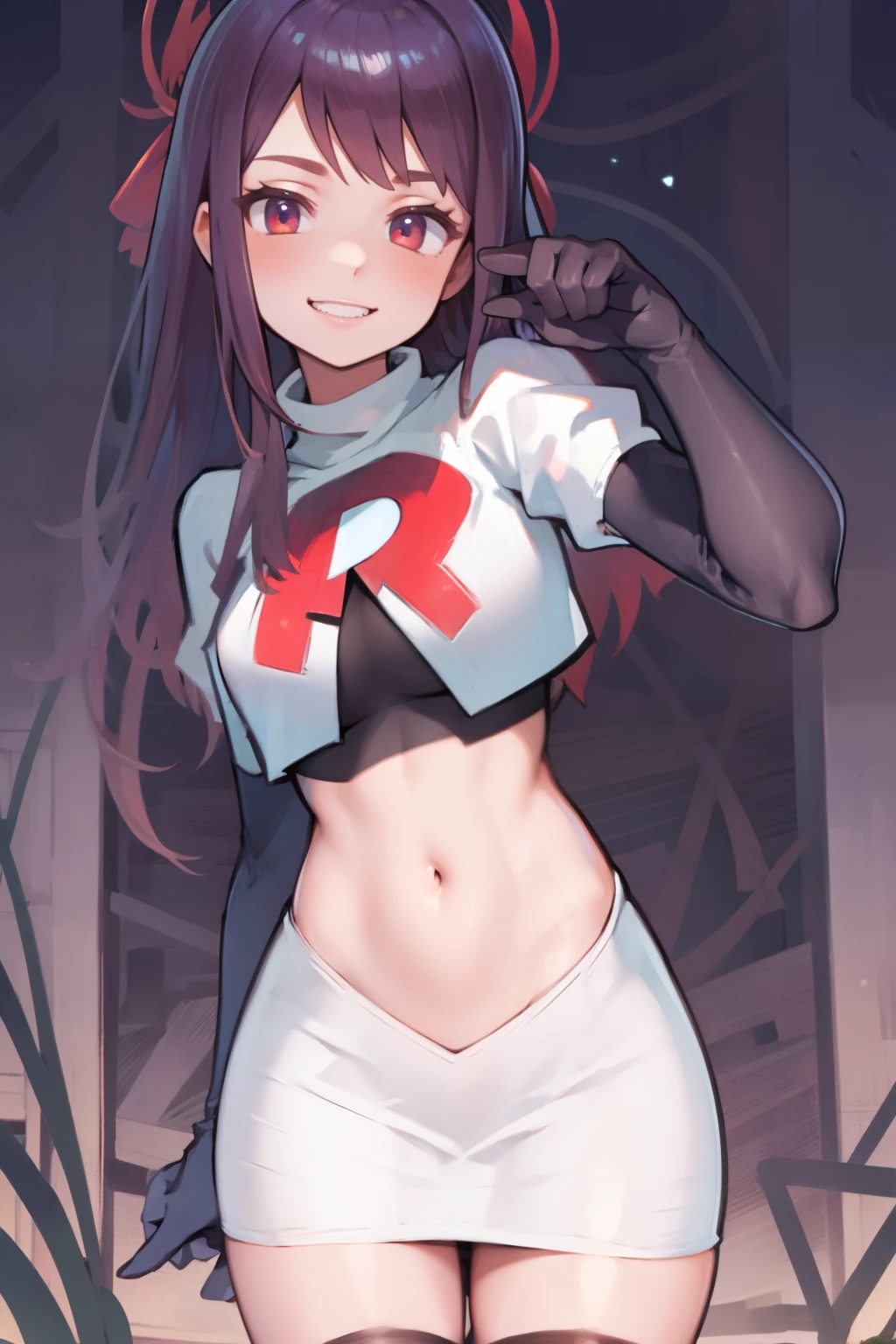 ivy fe team rocket uniform, red letter R, white skirt,white crop top,black thigh-highs,black elbow gloves, smile, show teeth, looking at viewer, cowboy shot, posing, night sky background